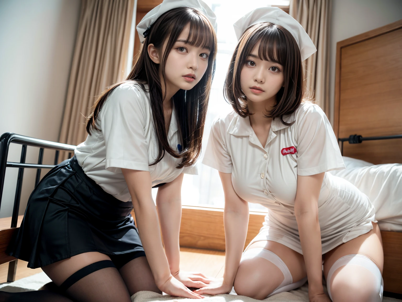 (RAW photo, 4k, masterpiece, high resolution, extremely complex) (realistic: 1.4), cinematic lighting
((2 girls)),Slam Dunk's,blushing,((innocent)),(Dark makeup),bright eyes,round eyes,blunt bangs,(straight hair:1.3),black hair,large breasts,wide hips,Summer Noon, 20 year old girl、cute type、lolita,Hot, (Best Quality), (Highres), (an Extremely Delicate and Beautiful),(Beautiful 8k face),(Brown eyes),short bob hair,( spectators),(gigantic breasts),(Play with each other,Touching each other's bodies,Touching the body),(White nurse cap、White tights、White nurse uniform、Hand skirt、Flipping up a white skirt),(reality),bright lighting,(The background is a luxury hotel room)