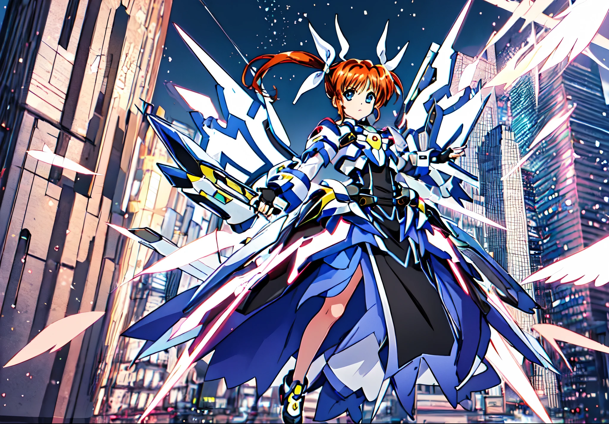 Nanoha, 1 girl, Ultra Precise Illustration , Masterpiece, top quality,Alone, gloves,armor, dress, puff sleeve, Long Sleeve,blue Hand armor,black gloves,fingerless gloves,Light Particles,wings of Light Particless, cityscape ,、perfect body、 low angle、 can see her underwear through her crotch、 angle from below、Full body drawing、 full body view