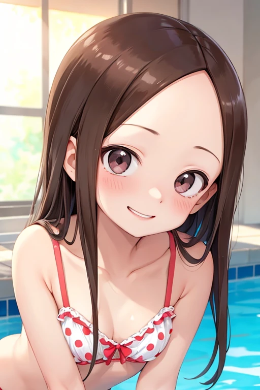 (Incredibly ridiculous absolute resolution:1.5)、hiquality、top-quality、masuter piece、Anime girl in red and white bikini, 魅惑的、Anime , 8k Manga Wallpapers, Smile、Shy laughter、((small curvy loli pretty anime girl,((swimming pools))、(Semi-long hair)、(short braided hair)