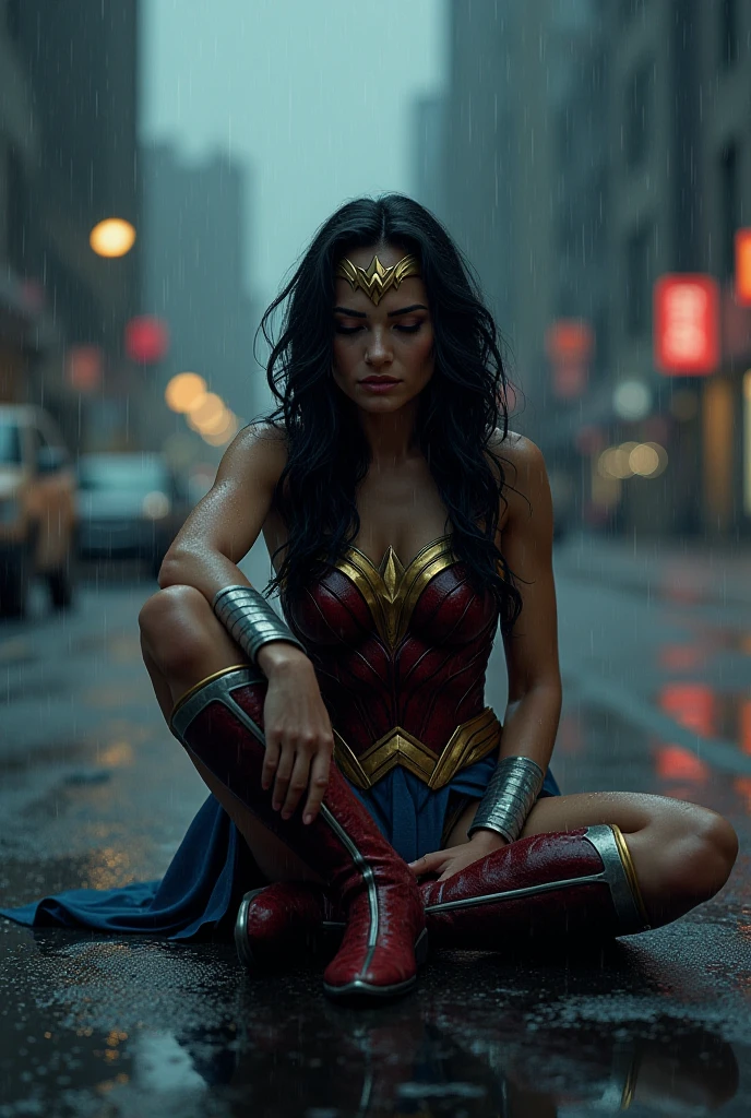 Wonder Woman in a black leather jacket, red leather corset, and black leather pants, kneeling with her hands on her face, screaming in exhaustion after a battle. Blood surrounds her, reflecting her in the puddles of blood in a rain-soaked, apocalyptic city. Red boots. Bloody, terrifying images. DC Universe logo.