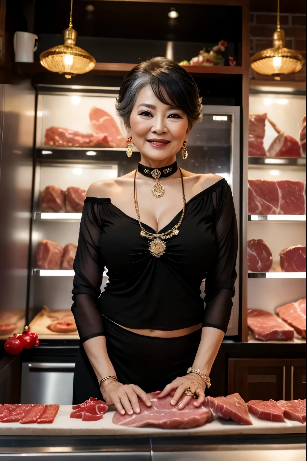 75 years old Mom MILF Chinese Lady large earring Big choker navel piercing decoration A bracelet realisitic Gorgeous Madame Beautiful Mature Woman sexy Smile Gentle woman navel piercing 4K High quality ステーキ肉