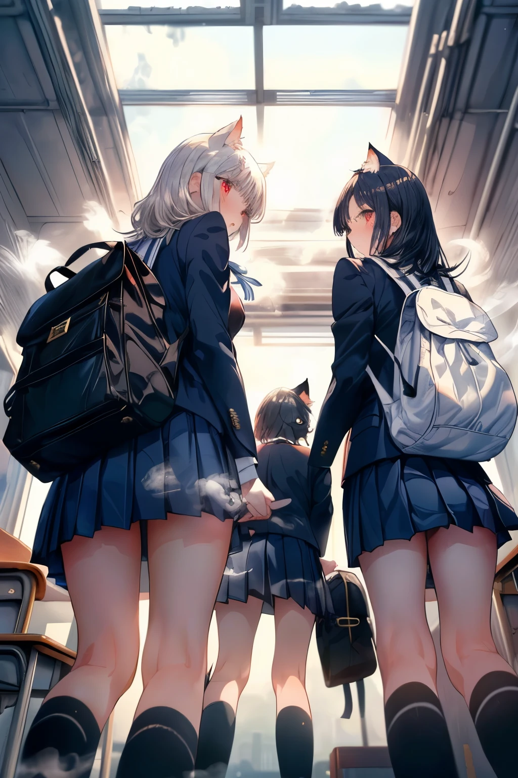  Masterpiece, 8K, 
beautiful girl,  (Three girls in), Backpack,
Cat ears, White bob hair, Delicate Red eyes, 
(Wearing school uniform of blazer and pleated skirt:1.3), Navy-Blue socks, Lofer,

 (Morning posting view:1.3),
 (from behind :1.2), (From below:1.3),
Breath steaming,
Peeping,
