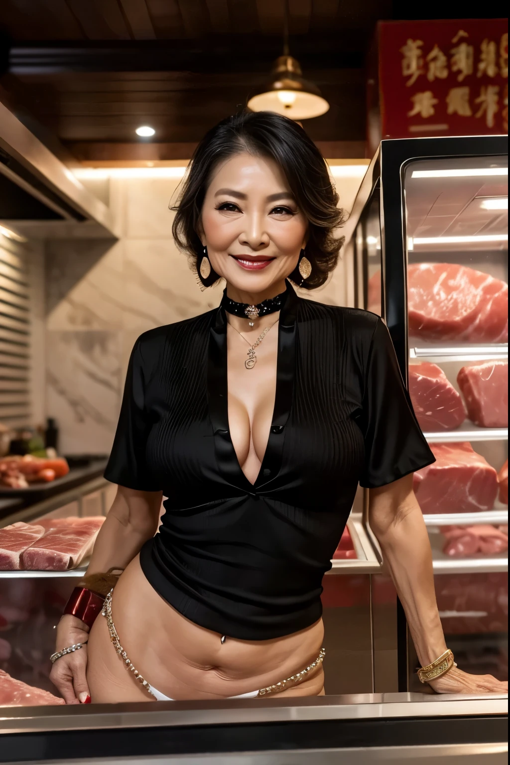 75 years old　mom　milf　Chinese Lady　large earring　Big choker　navel piercing decoration　A bracelet　realisitic　Gorgeous Madame Beautiful Mature Woman　sexly　Smile　Gentle woman navel piercing　４K　High quality　Gorgeous Madame Beautiful Mature Woman