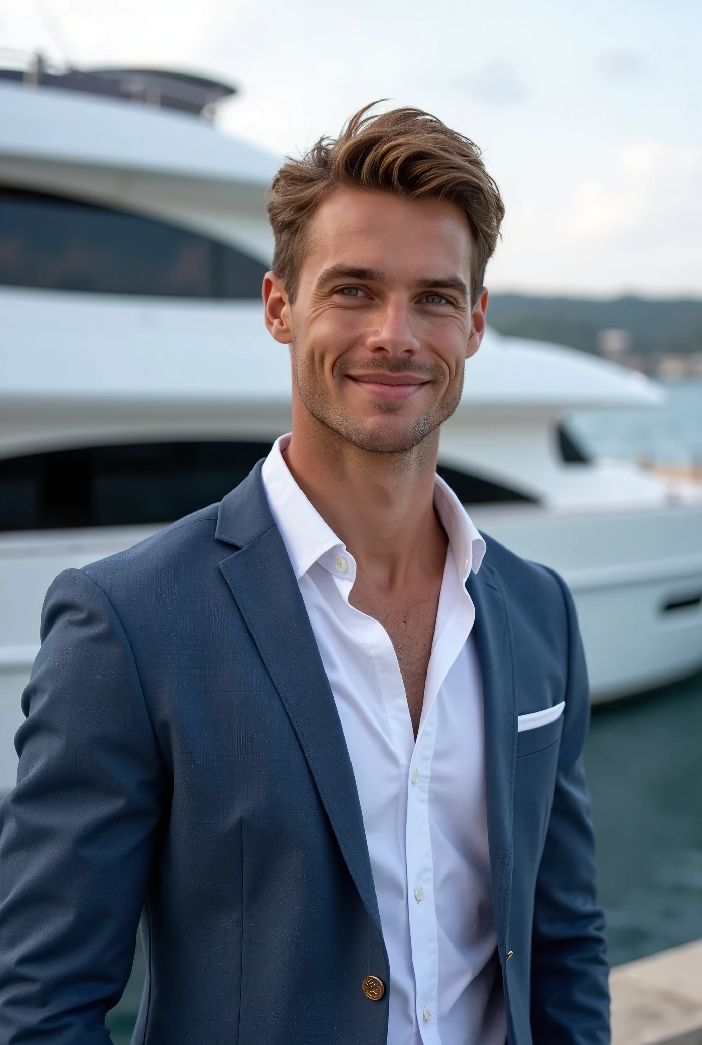 Arafed man in a suit standing in front of a boat - SeaArt AI