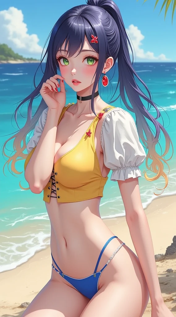 (best quality), 1 girl, ultra-detailed, illustration, yang guifei, beach, frilly bikini, (quicksand:1.4), upset, crying, (mostly submerged:1.2)