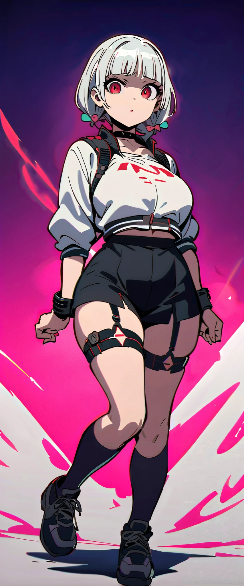 (high-quality, breathtaking),(expressive eyes, perfect face) (1girl Android), female, solo, maomao, cowboy shot, full shot, full body, (Black and white image color), white hair color, alluring red eyes, Short bob hairstyle, Large breasts, small stature, mature, Thick thighs, absolute territory, blank facial expression, looking towards viewer, HD, High quality image, dusty particles floating around, black choker, cybernetics, kuudere expression, black and white manga style, black and white manga panel, detailed portrait, horror anime theme, junji ito style, Black Bra Tank Top, White cyberpunk Crop Bomber Jacket, black leather thigh garter harness, black thigh high socks