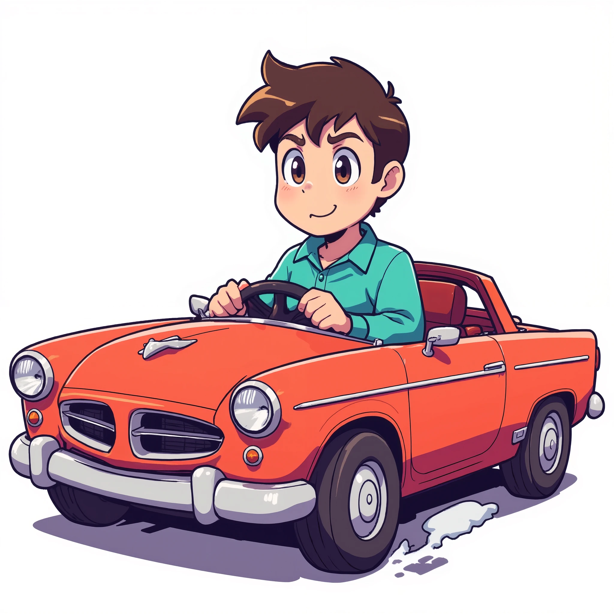 A man driving in a car 、 anime illustration、 Cartoon Designs 、 Simple Illustrations、 detailed illustration、Thick Line、 Clear Lines 、Clear Colours 、