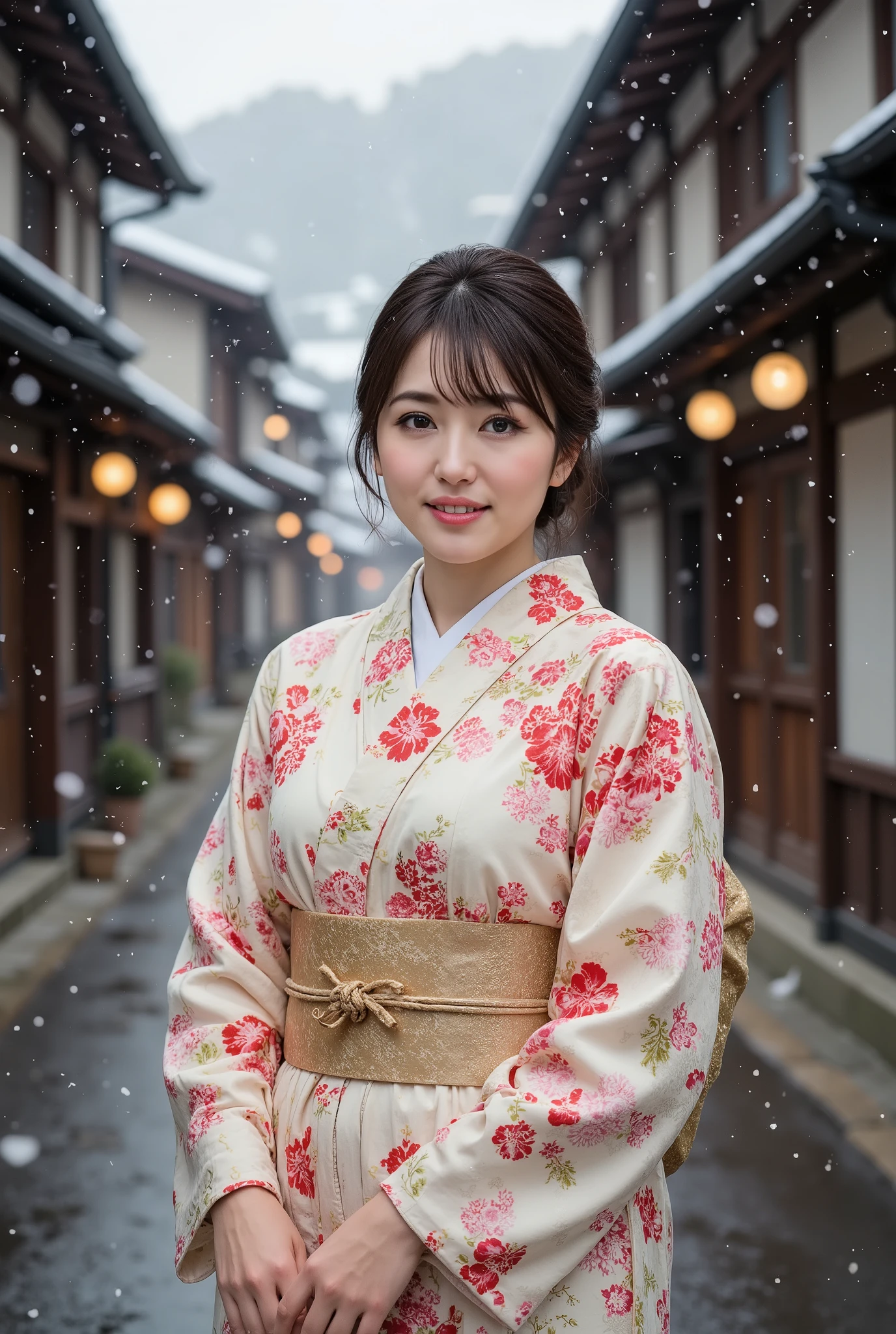 (((full body))), best quality, masterpiece, super high resolution, beautiful Japanese girl, Kind Face, green eyes, kind smile, Curvy Body, big boobs, updo brown hair, Japanese female Cloth Outfit, Japanese kimono, In Old Japanese-style street, snow, night:1.2,