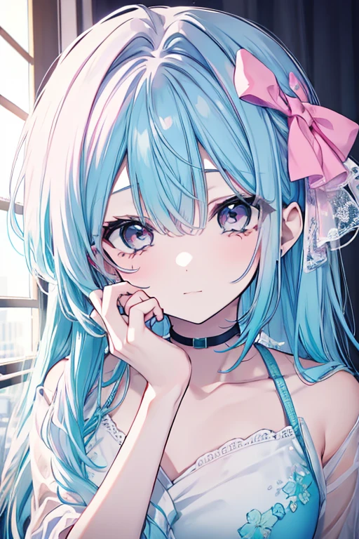 turquoise bob, hairpin, portrait, tsundere, girl, Grumpy, pink eyes, sleeveless shirt, small breasts, Cardigan, bandage on right arm