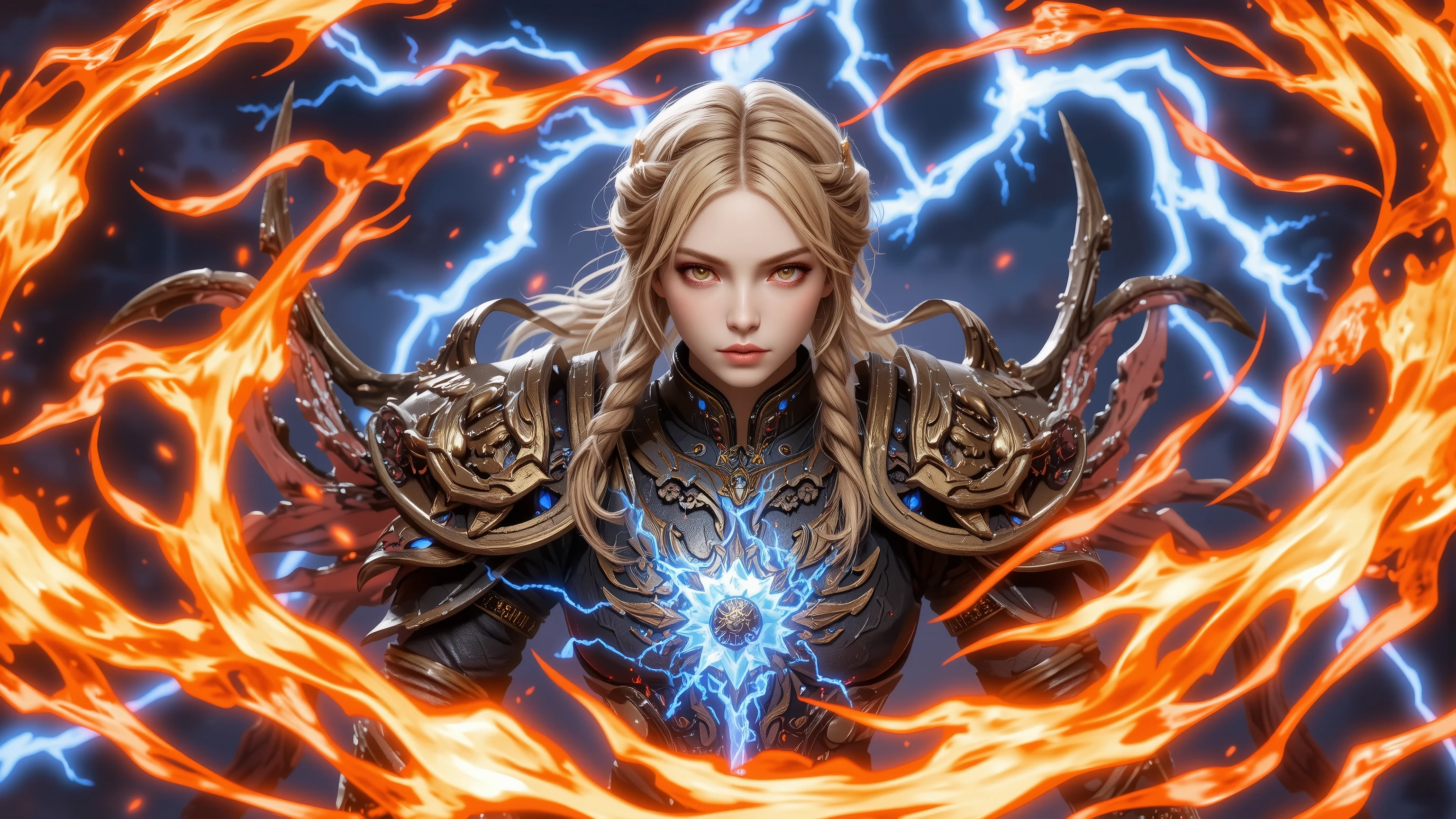 (( Top Quality)),( ultra high resolution),( very detailed),( detailed explanation ),(( best CG )),( Best Artwork ), Ultra-precise art, amazing painting art,(Exquisite art:1.5), dark fantasy art, Female Angels, Blond hair tied in braids, a beautiful and well-groomed face , circle of angels in dark, anger, Breastplate, Lightning Sword , Wings of Fire fluttering powerfully, Dynamic action, Dynamic Poses, The ball of fire pouring down, Strong sandstorm, Lightning fluttering,