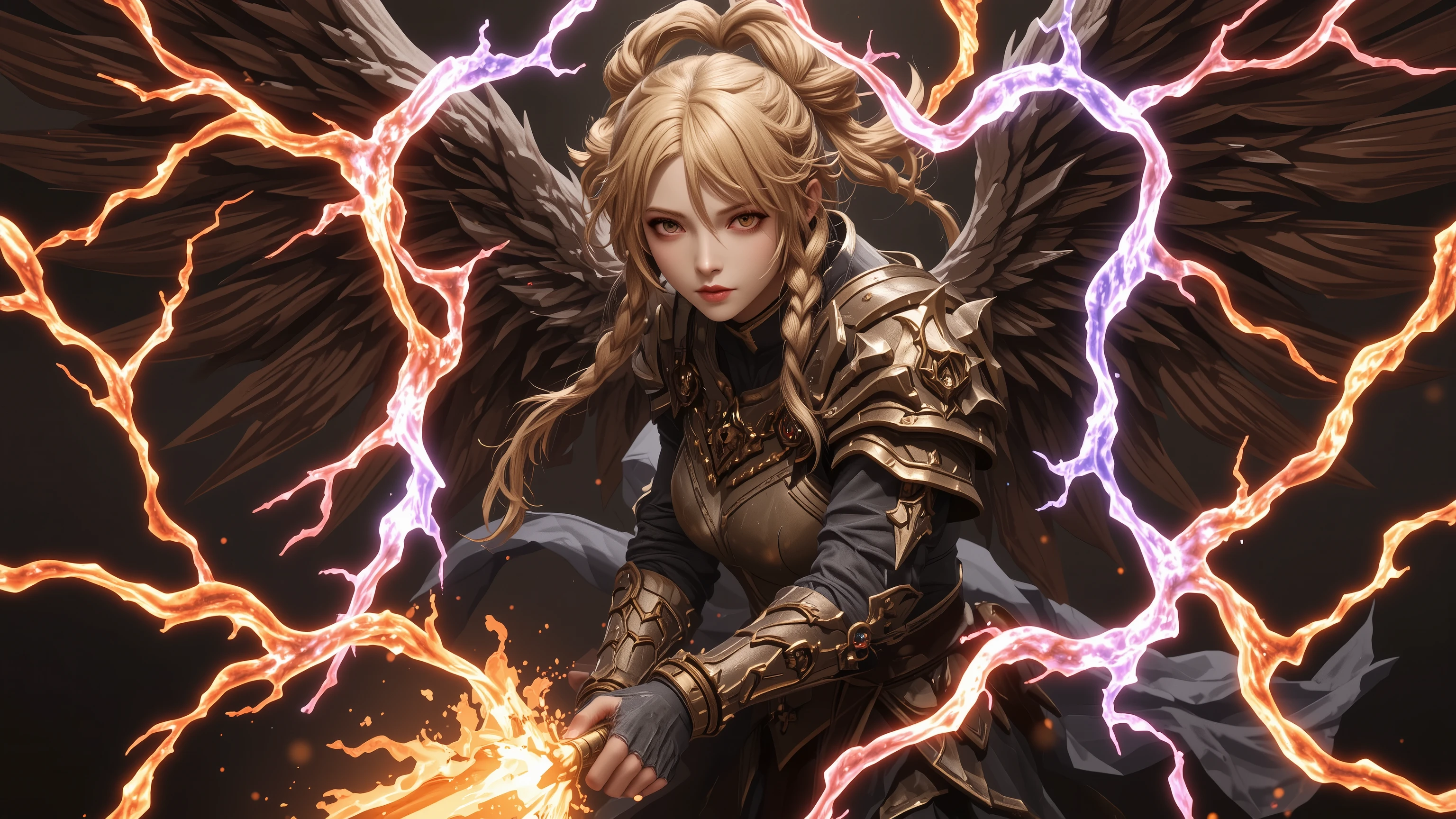 ((  Top Quality)),(  ultra high resolution),(  very detailed),(  detailed explanation ),((  best CG  )),(  Best Artwork  ), Ultra-precise art,  Amazing Painting Art,(Exquisite art:1.5),  dark fantasy art,   Female Angels, Blond hair tied in braids,  a beautiful and well-groomed face ,  circle of angels in dark, anger, Breastplate, Lightning Sword , Wings of Fire fluttering powerfully,  Dynamic action,   Dynamic Poses,  The ball of fire pouring down,  Strong sandstorm,  Lightning fluttering,