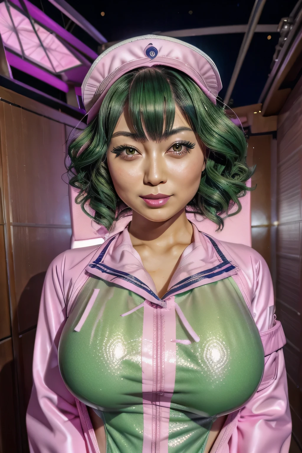 hypnotist, Japanese, Milady , The Three Musketeers' Milady , green hair, Medium Perm, pink lipstick, looking at the camera, face and body face the viewer , Hypnotize viewers , completely naked, nudes, The background is pink swirling light in outer space,HD quality, ( photo realistic sailor suit hem:1.4), RAW photos , Japanese Girls, ( high resolution details with human skin texture),