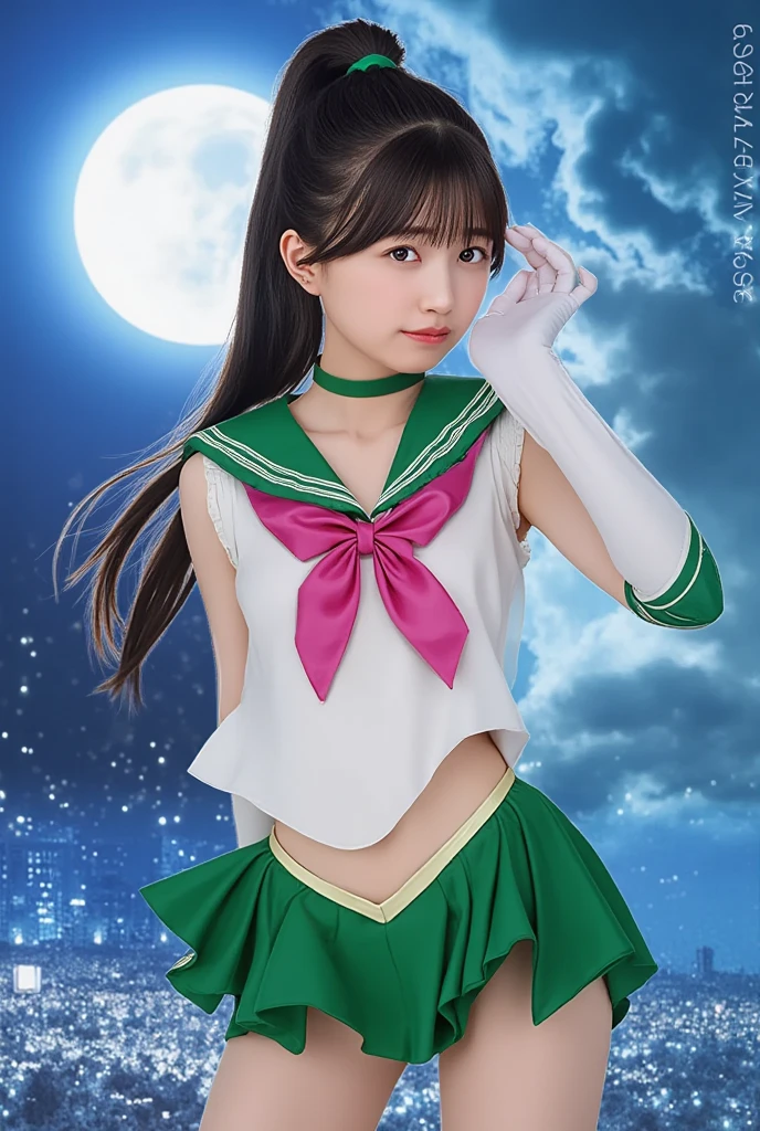 Masterpiece, best quality, absurdity, perfect anatomy, sama1, tiara, sailor Moon Jupiter, white gloves, green sailor collar, green skirt, star necklace, elbow gloves, pleated skirt, bare legs, purple bow, space, moon, cowboy shooting, smile, flame bow, sitting, full body