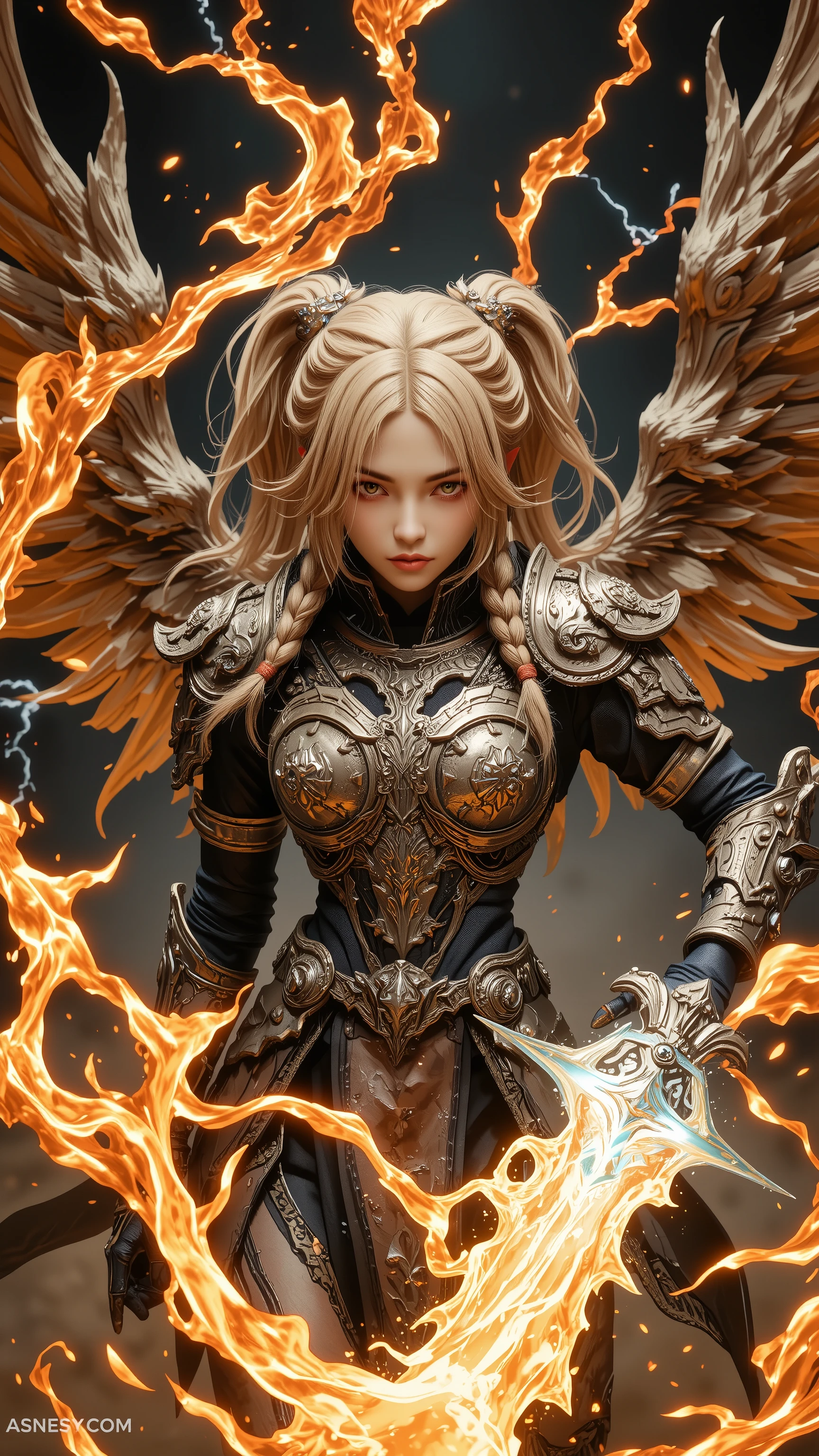 ((  Top Quality)),(  ultra high resolution),(  very detailed),(  detailed explanation ),((  best CG  )),(  Best Artwork  ), Ultra-precise art,  Amazing Painting Art,(Exquisite art:1.5),  dark fantasy art,   Female Angels, Blond hair tied in braids,  a beautiful and well-groomed face ,  circle of angels in dark, anger, Breastplate, Lightning Sword , Wings of Fire fluttering powerfully,  Dynamic action,   Dynamic Poses,  The ball of fire pouring down,  Strong sandstorm,  Lightning fluttering,