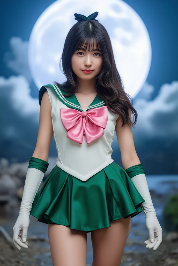masterpiece、highest quality、disorganized、perfect anatomy、SAMA1、tiara、Sailor Moon Jupiter、white gloves、Green sailor color、green skirt、star choker、elbow bag、pleated skirt、barefoot、Purple bow、space、moon、cowboy shot、smile、Flaming Bow、