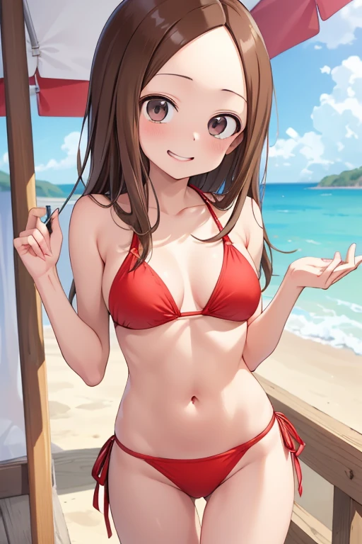 (top-quality、in 8K、​masterpiece、nfsw、超A high resolution、Impresionismo、Photorealistic:1.2)、((1girl)), shiny skin、Absolute area、Beautiful numbness、Curve、high detailing, top-quality,  (Light pink hair、show the grin、Laugh with fangs out:1.2), Long bangs、yellow  eyes、length hair、medium chest, the power、A smile, red horns、((sexy micro Bikini))、pussy wedgie,  cameltoe, (beach side、blue open sky、white clouds、suns、Into the cloud)((Fashion Model Posing、cowboy shot))