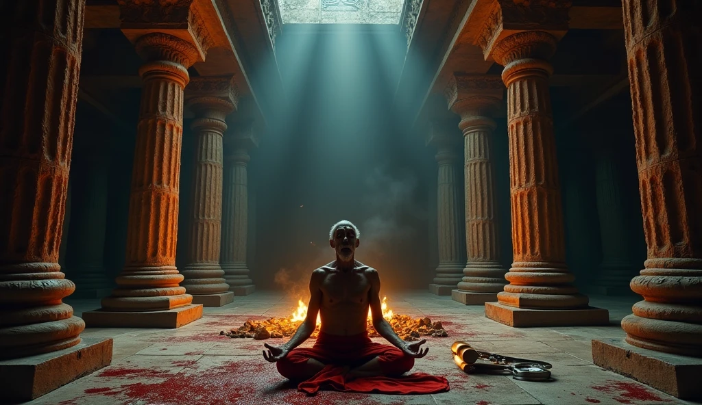A dark room, a 50 years old man sitting on the floor performing yajna. Large yajna altar. The back of the man is visible from top angle. The dark room is dimly illuminated by the light of the sacrificial fire. On the wall in front of the man is a terracotta goddess, seated on Padmasana.