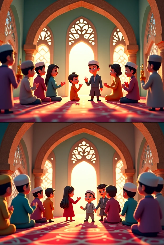 ((3 man sitting), (3 hijabbed woman)), caricaturized, fantasy art, happy expression, extreme detail, masterpiece, cinematic lighting, 4k, indoor background