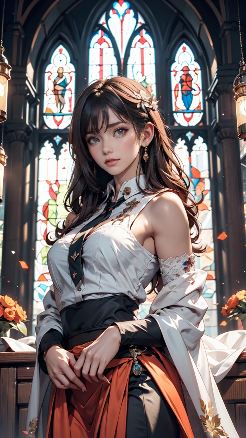 One girl, masterpiece, Very detailed, ((Cinema Lighting)), (Shine), ((Dramatic lighting)), ((Beautiful sparkle)), Intricate details, Lens flare, Multicolored Hair, Rainbow Hair, Long Hair, colorfulなドレス, butterflyの髪飾り, butterfly, (Particles of light), Put your arms behind your back, Large Breasts, [Curvy], Cowboy Shot, A light smile, Green Eyes, church, Stained glass, Spotlight, Dark Background, Floating Hair, Floating Hair, View your viewers,((colorful))