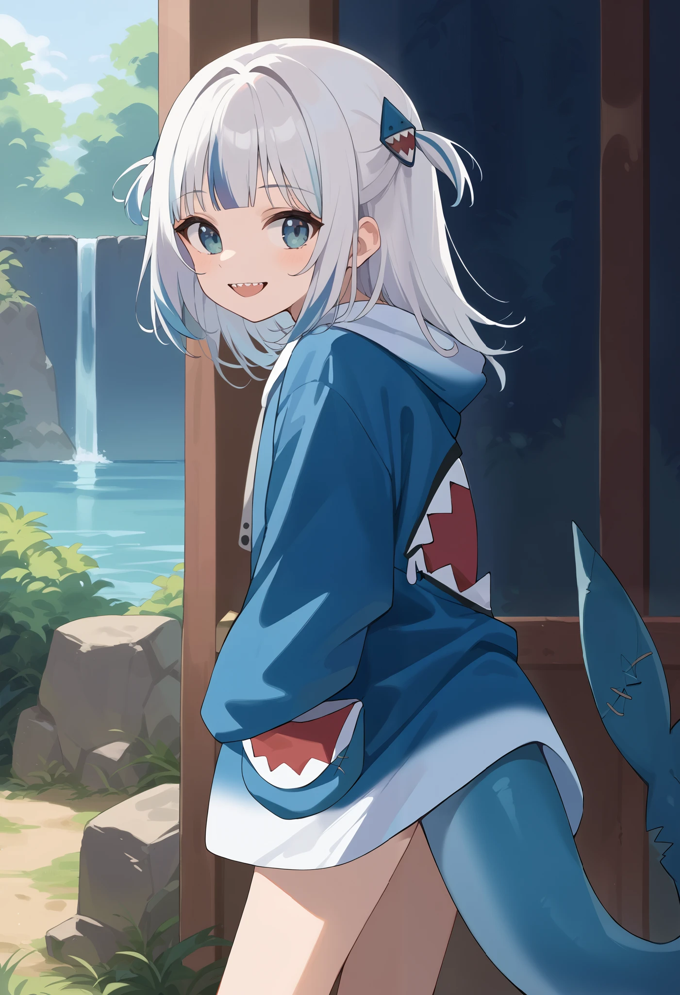 score_9, score_6_ up the side, source_Anime, 1 girl, Alone, cowboy shot, Outdoors, is surging, blue hoodie, two side up the side, Shark hair accessory, Shark Tail, keen teeth, smile, tall ,