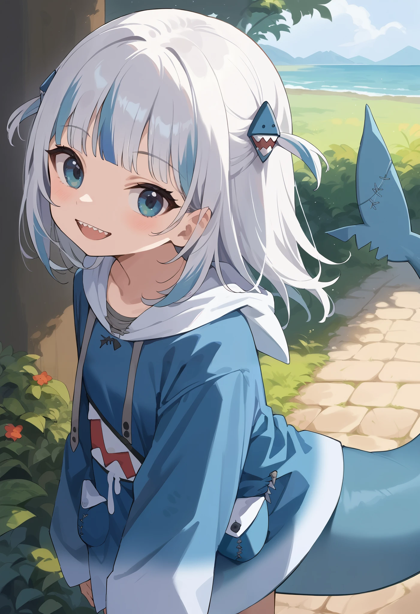 score_9, score_6_ up the side, source_Anime, 1 girl, Alone, cowboy shot, Outdoors, is surging, blue hoodie, two side up the side, Shark hair accessory, Shark Tail, keen teeth, smile, tall ,