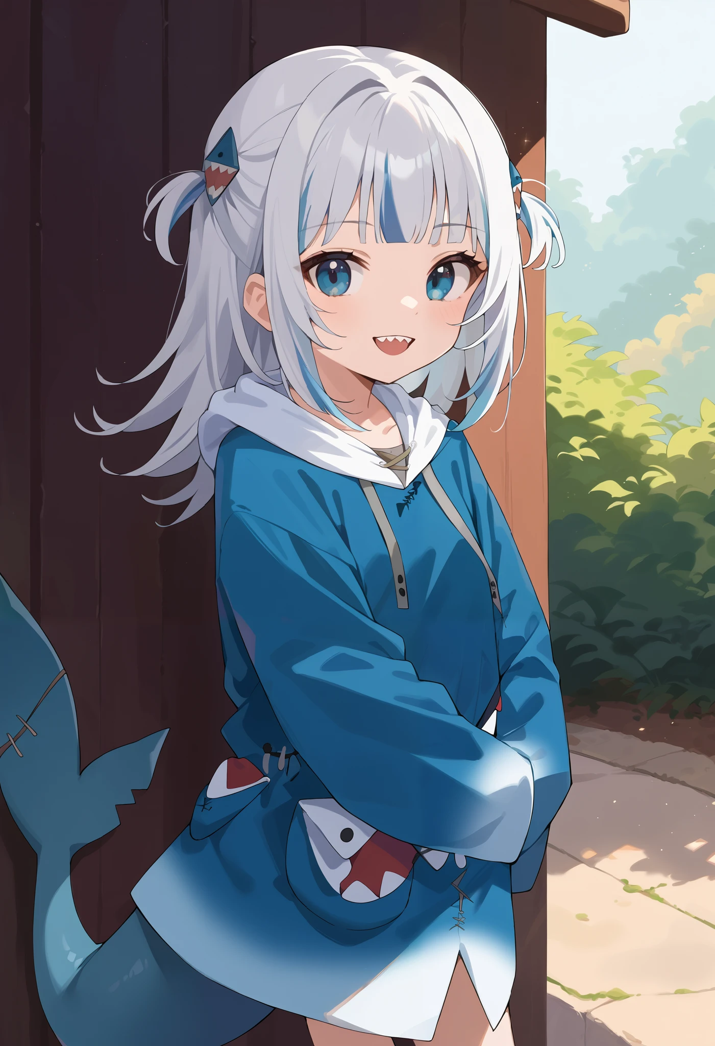 score_9, score_6_ up the side, source_Anime, 1 girl, Alone, cowboy shot, Outdoors, is surging, blue hoodie, two side up the side, Shark hair accessory, Shark Tail, keen teeth, smile, tall ,