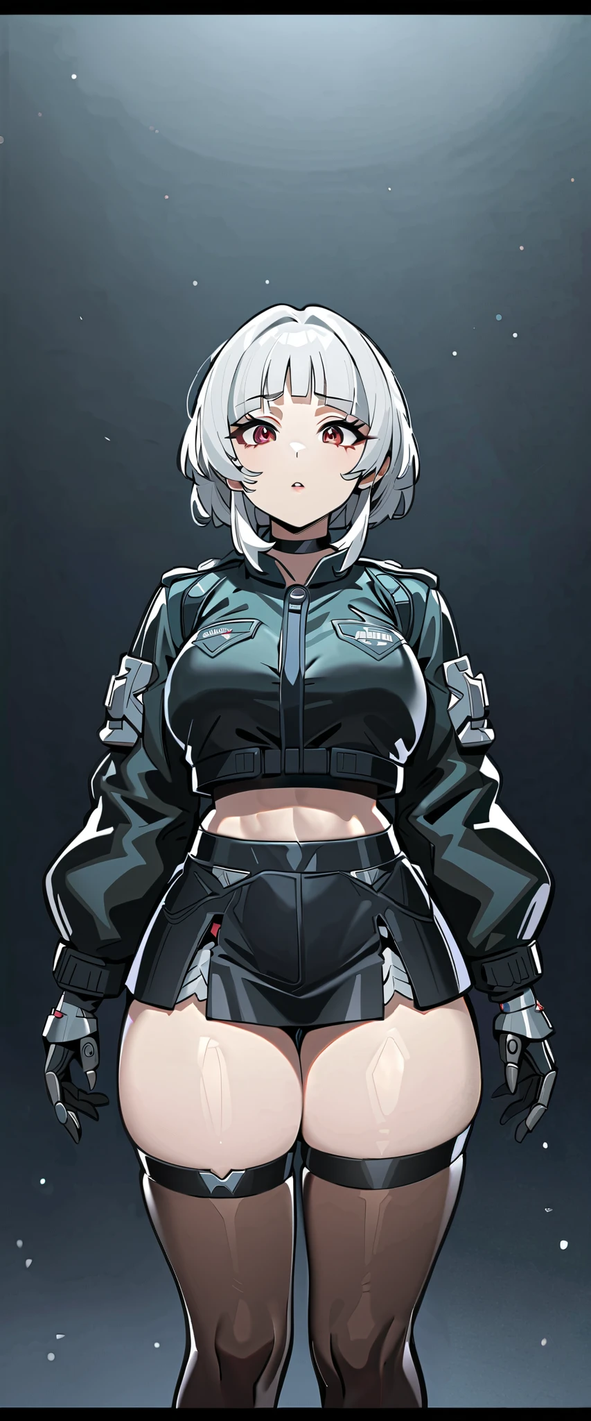 (high-quality, breathtaking),(expressive eyes, perfect face) (1girl Android), female, solo, maomao, cowboy shot, full shot, full body, (Black and white image color), white hair color, alluring red eyes, Short bob hairstyle, Large breasts, small stature, mature, Thick thighs, absolute territory, blank facial expression, looking towards viewer, HD, High quality image, dusty particles floating around, black choker, cybernetics, kuudere expression, black and white manga style, black and white manga panel, detailed portrait, horror anime theme, junji ito style, Black Bra Tank Top, White cyberpunk Crop Bomber Jacket, black leather thigh garter harness, black thigh high socks, mini skirt, cyborg