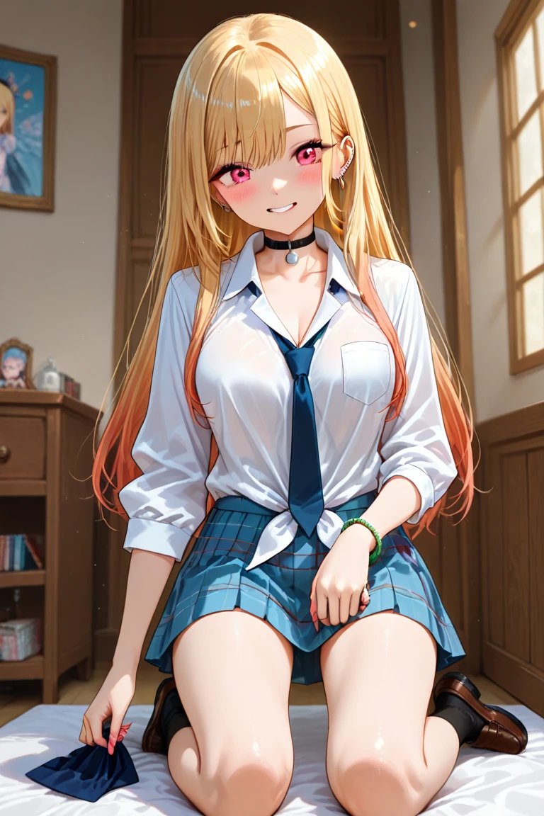 ((highest quality、High resolution、masterpiece))、Blonde、Cosplayer Beautiful Girl、Embarrassed face、((She lifts her skirt to show her pussy))、Love juice