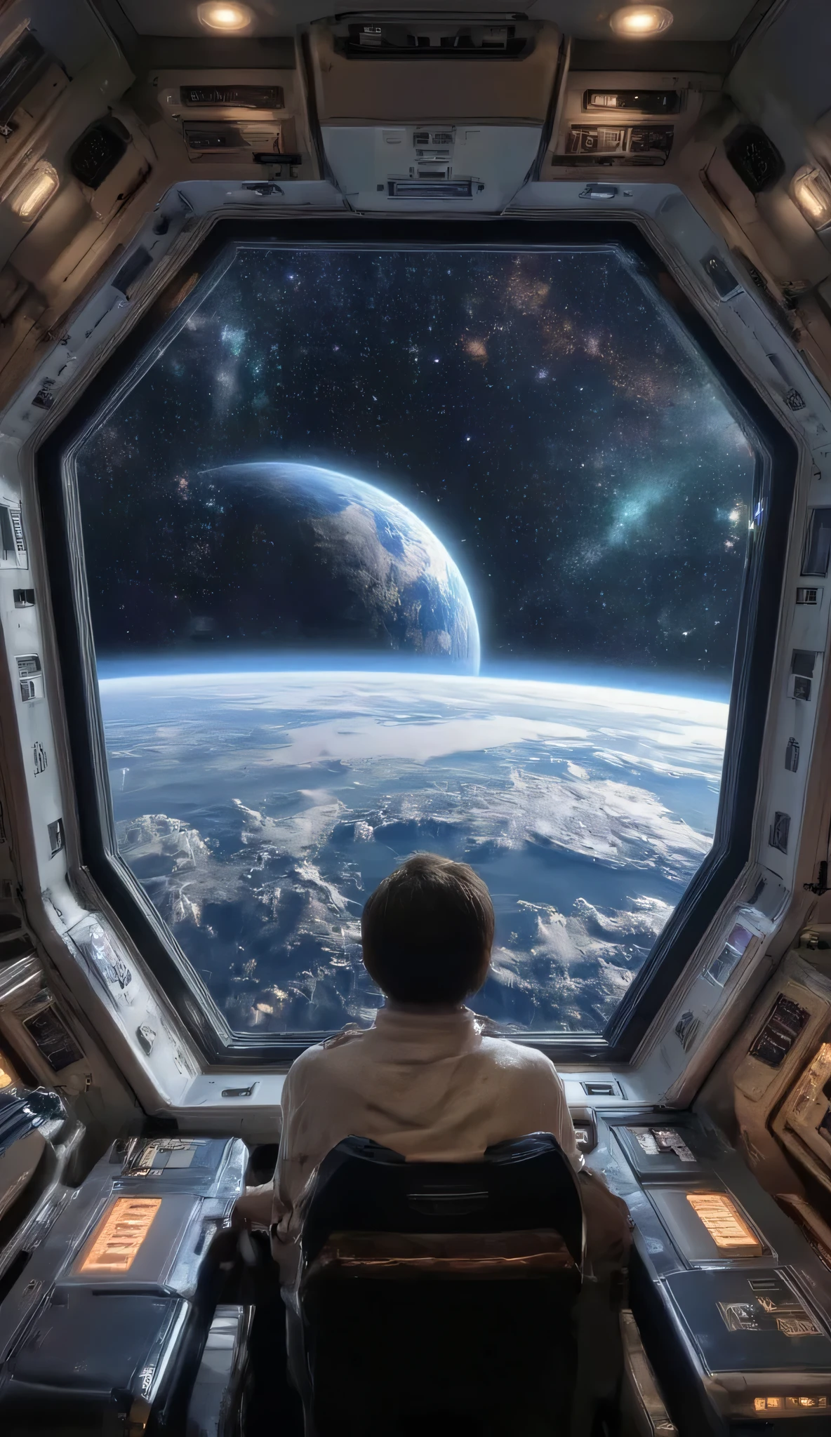 A realistic, third-person view of a person inside a futuristic spaceship, looking out of the window. In the background, Earth is gradually receding, becoming smaller as the spaceship moves away. Ahead, the vastness of space stretches infinitely, filled with distant stars, galaxies, and nebulae. The spaceship's design is sleek and highly advanced, with visible metallic surfaces, glowing control panels, and detailed windows. The scene emphasizes the contrast between the shrinking Earth and the boundless expanse of space, creating a sense of awe and isolation in the vast universe."