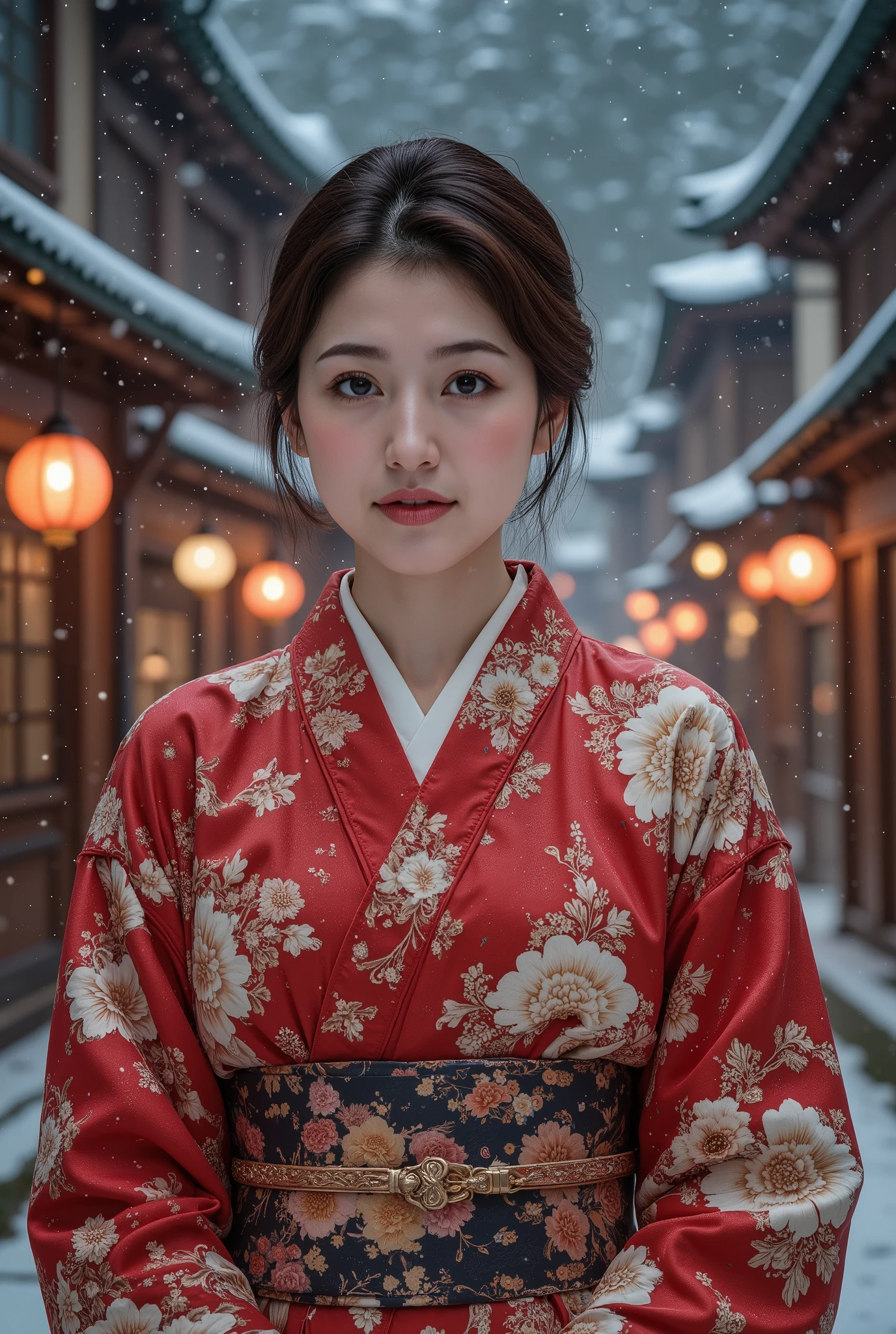 (((full body))), best quality, masterpiece, super high resolution, beautiful Japanese girl, Kind Face, brown eyes, kind smile, Curvy Body, big boobs, updo brown hair, Japanese female Cloth Outfit, Japanese kimono, In Old Japanese-style street, snow, night:1.2,