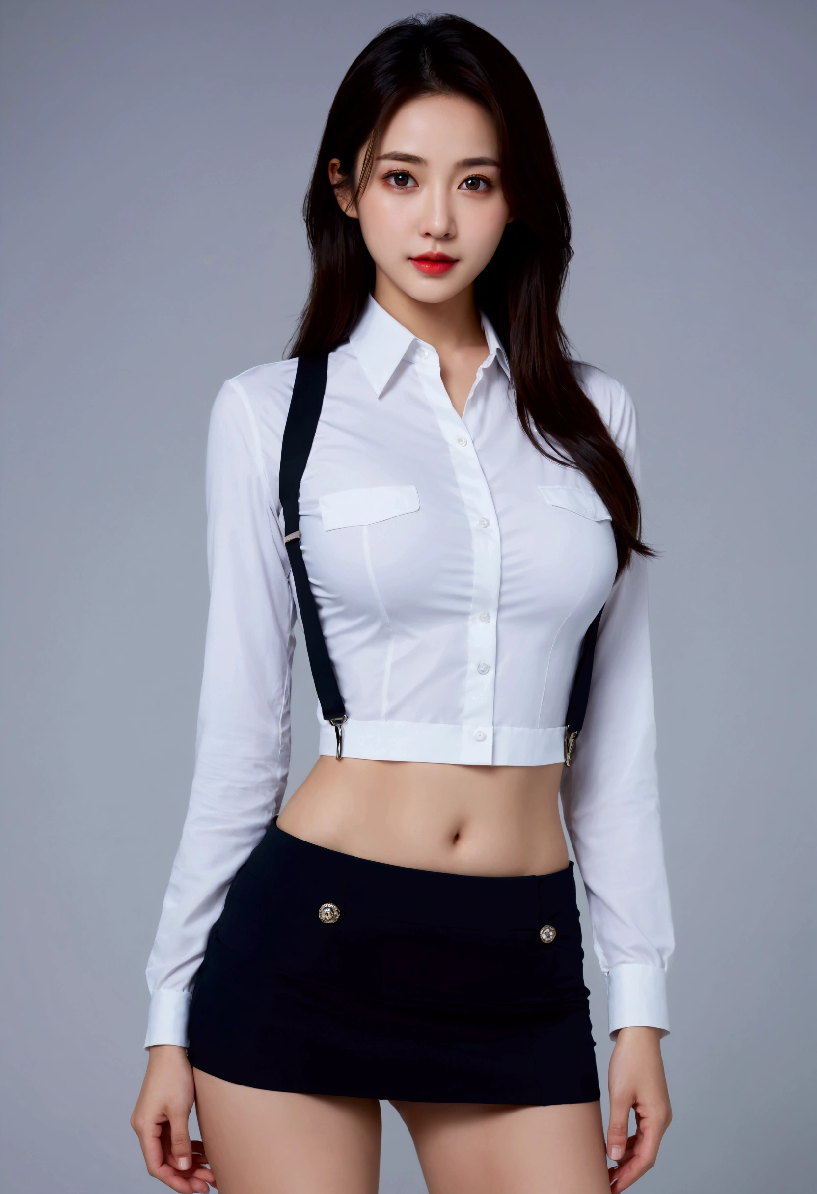 17 age, Korean Women、Kpop Idol、blazers、neck tie、a miniskirt、Sit on a stool、((Spread your legs apart))、((The skirt flips up))、((White underwear is visible)), Long straight black hair、large full breasts、skiny、full body Esbian、Hands on the head、Hyper-detailing、​masterpiece、perfect bodies。