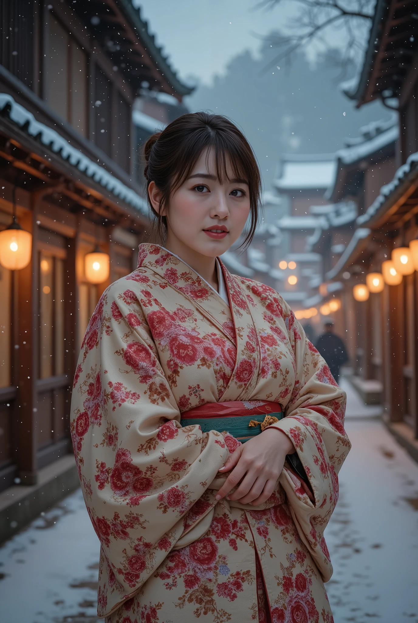 (((full body))), best quality, masterpiece, super high resolution, beautiful Japanese girl, Kind Face, brown eyes, kind smile, Curvy Body, big boobs, updo brown hair, Japanese female Cloth Outfit, Japanese kimono, In Old Japanese-style street, snow, night:1.2,
