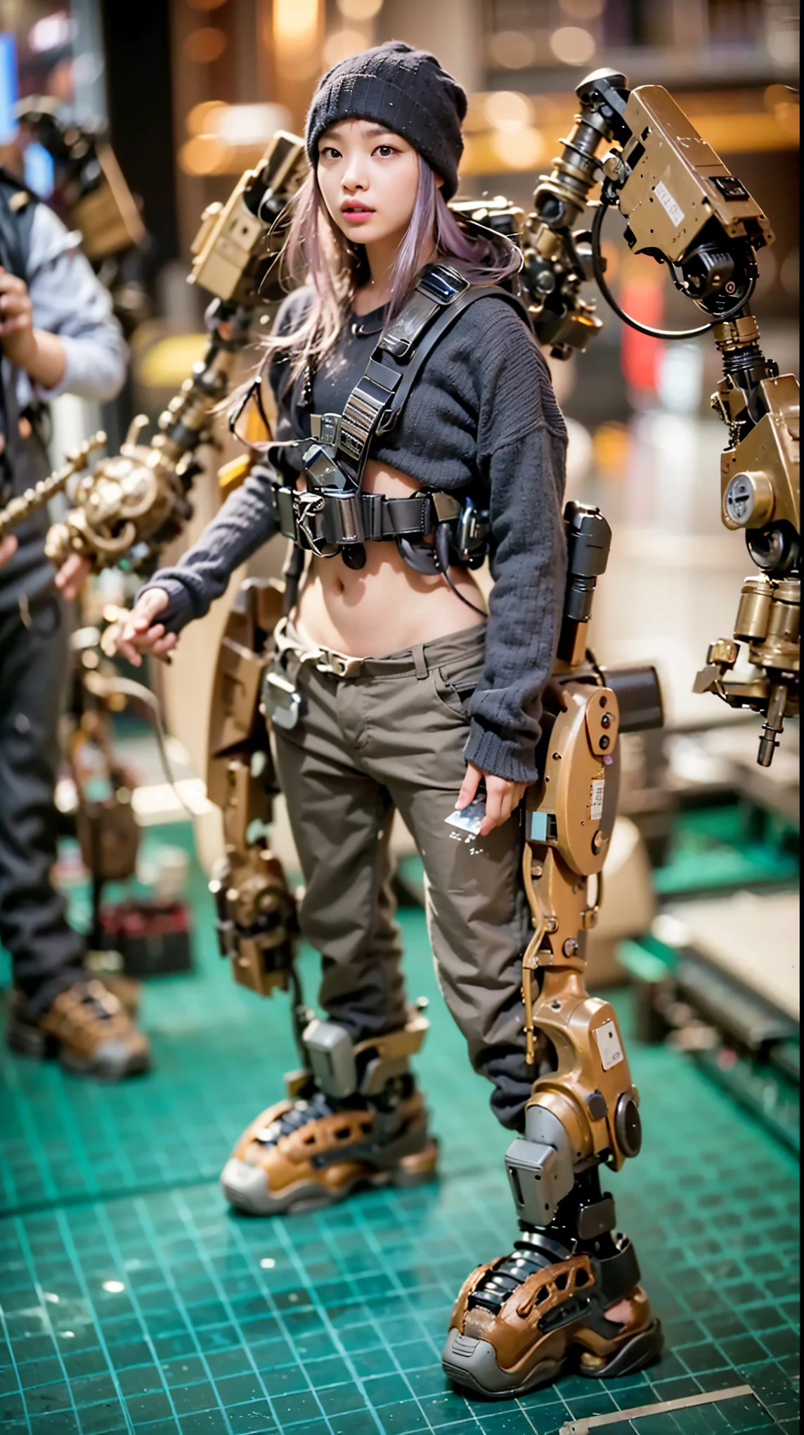 (Completely live action:1.37), (Amazingly realistic textures:1.37), (masterpiece, best quality:1.2), (8k uhd, 16k, 32k, ultra high res), amazingly realistic skin, amazingly realistic photo, superrealism, (photorealistic:1.37), (RAW photo), ultimately realistic, (ultimately realistic all details), (ultimately realistic all textures), super realistic lighting, super realistic shadow, (japanese girl:1.5), ((young face)), smiling, happy, super realistic face, ultimately realistic skin, ultimately realistic eyes, (mascara:1.35)ultimately realistic background, ultimately realistic detail up, kkw-ph1, ((drooping eyes, cyberpunk-style cyborg girl, amazingly intricate details, Anatomically perfect hands, mechanical body, silver knight armor, ultra glossy texture, purple hair))