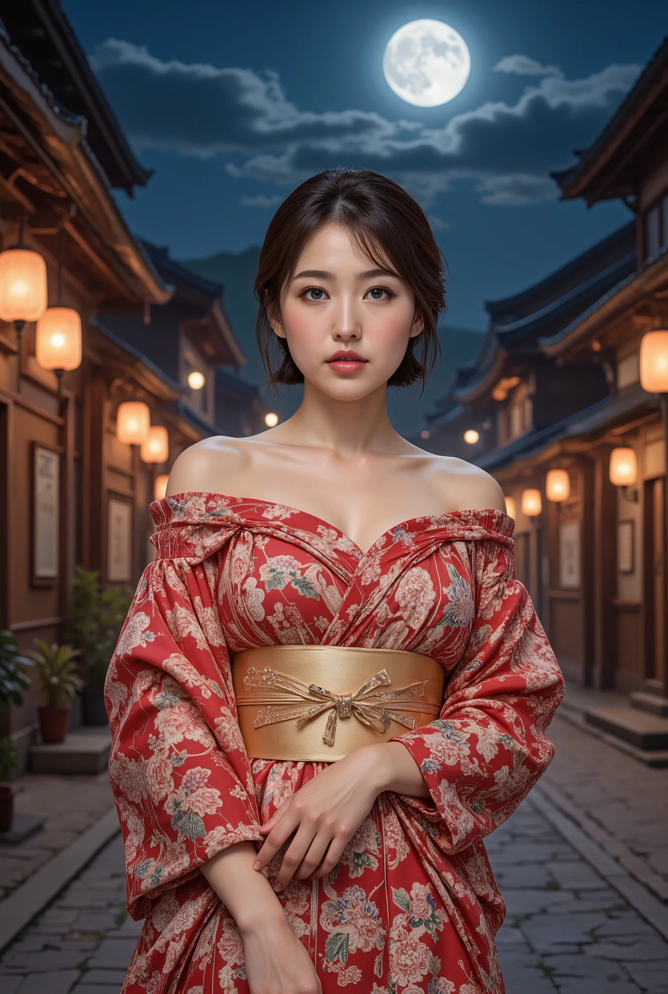 (((full body))), (((full body shot))), best quality, masterpiece, super high resolution, beautiful Japanese girl, Kind Face, green eyes, kind smile, Curvy Body, big boobs, updo brown hair, Japanese female Cloth Outfit, Japanese kimono, (((off shoulders:1.5))), (((bare shoulders:1.5))), In Old Japanese-style street, night:1.2, full moon,