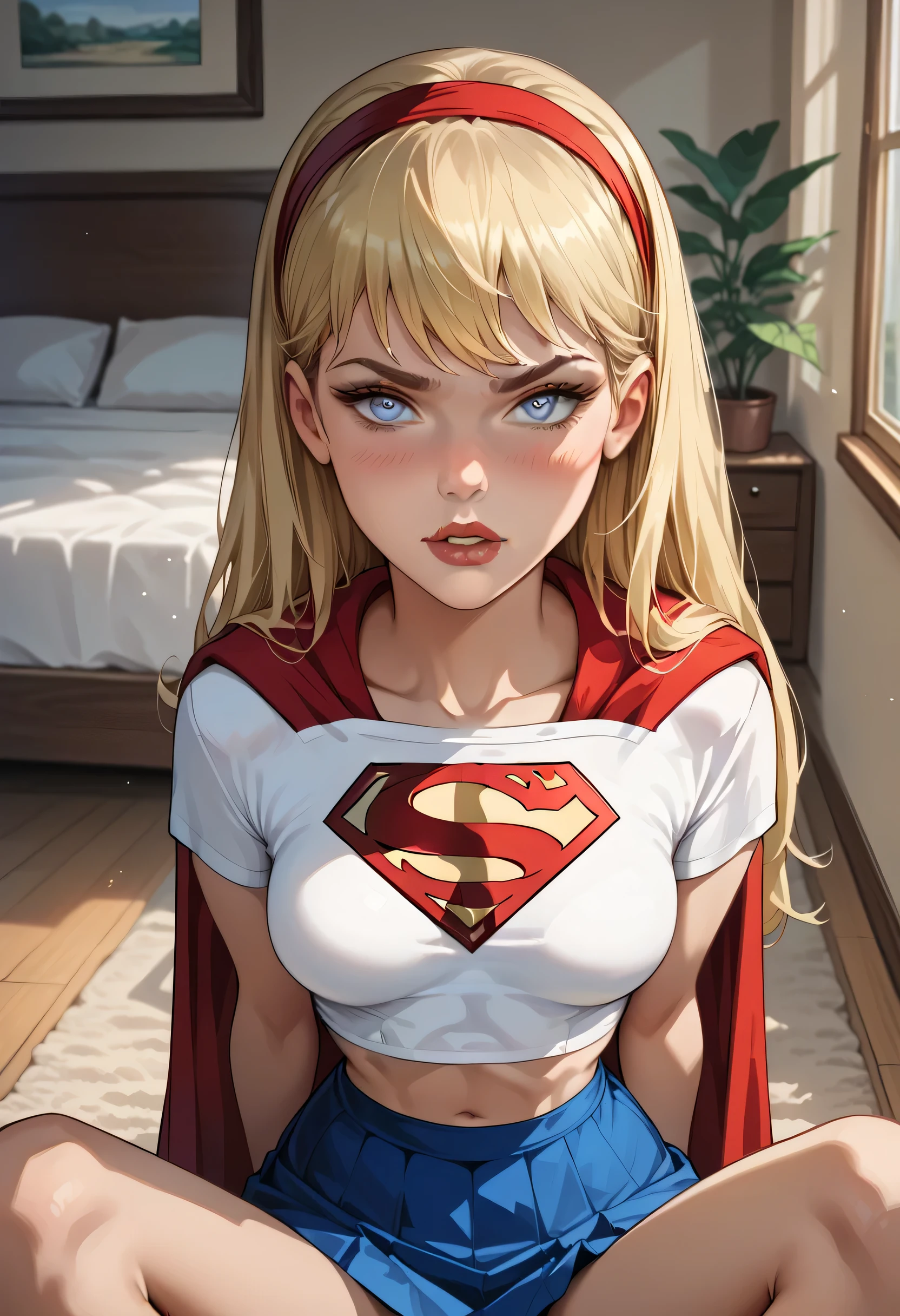 1 Supergirl vs. 1boy, 1 girl kneeling in front of the boy, from the image above, POV, Focus sur Girl in Action, bombement, sous renflement, Splendide fille tenant un renflement, caught, regardant le spectateur les yeux mi-clos, Detailed green eyes, rougir, very embarrassed, bouche ouverte
