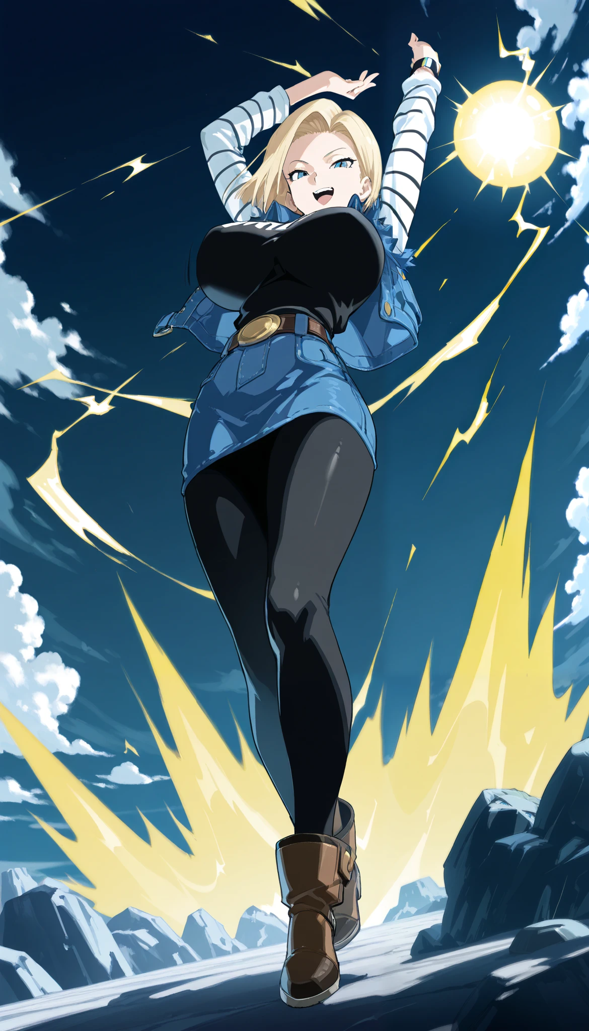 {{{manga,greyscale,black and white,monochrome, impact frame, impact, speed lines}}},{{{android 18, dragon ball z,short hair, blue eyes, blonde hair,style of akira toriyama,anime screencap}}},{{shading style: Zenless Zone Zero,waterkuma,style: sharp eyes}}, score_9,score_8_up, score_7_up,{{{cel shading,official art,masterpiece, best quality,year 2024,2025}}}, {{from below,dutch angle}},full body,1girl, solo, {{{mature woman,skinny,tall female}}},{{{huge breasts, perky breasts,narrow waist,linea alba}}}, {{{laughing,seductive smile,smirk,upper teeth only,big mouth}}}, looking at viewer, looking down,arms up,arm above head, {{{bouncing breasts, backlighting,from below,foreshortening}}}, {{white sleeves,striped,blue jacket,miniskirt,black leggings,brown shoes}},standing,floating,,on sky,sky,cloud,, aura,energy,energy ball,yellow energy,thunder,wind,watson cross,legs pose: watson cross