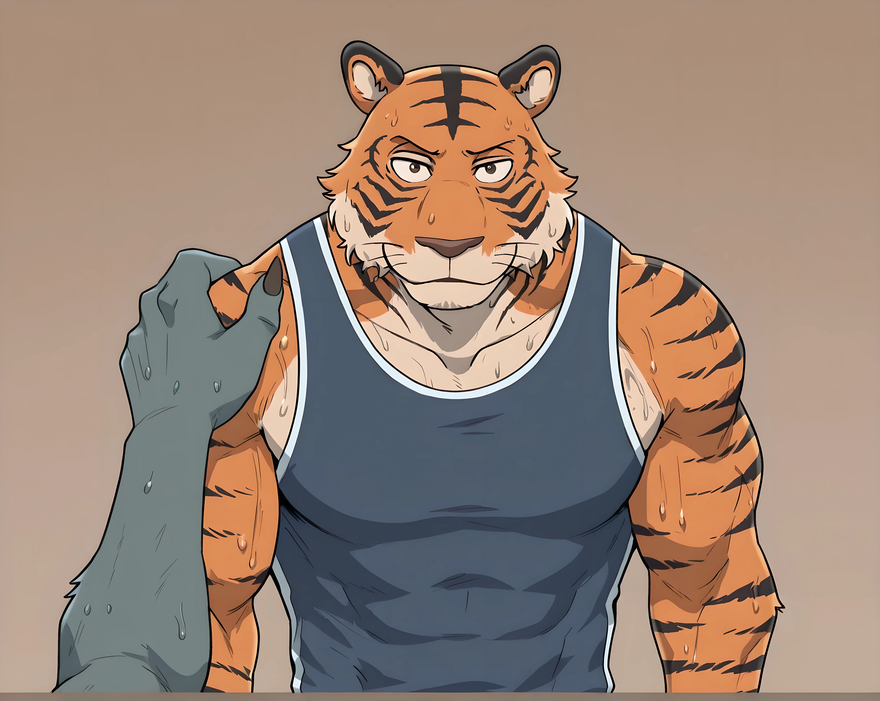 l3gosh1, BillBeastars, male, anthro, bengal tiger, tiger, beastars, brown eyes, muscular male, athletic build, orange fur, black stripes, flat color, sweaty wrestling_singlet, simple background, sweaty body, wrestling, hand on shoulder, looking at viewer