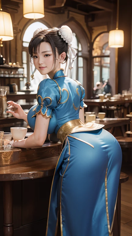 1girl, Chun li a little chubby, cute smiling, huge eyes, (a bit curvy, small breasts, round ass, (short sized torso), medium mouth, very thick lips, almond-shaped eyes, chestnut hair, Gorgeous body, Beautiful large head and very symmetrical face, sitting on a bench, she's holding a bowl, eating noodles, in an old Chinese street, there's an old bicycle against the wall. Very detailed and intricate environment, Very detailed clothing, street fighter, brown eyes, blue dress, ((pelvic curtain), (brown pantyhose), china dress), white cross-laced boots, bracelet, gold trim, jewelry, puffy sleeves, sash, short sleeves, side slit, spiked bracelet, spikes, double bun, hair accessories, Anime realism, cleavage, large nose, tan skin