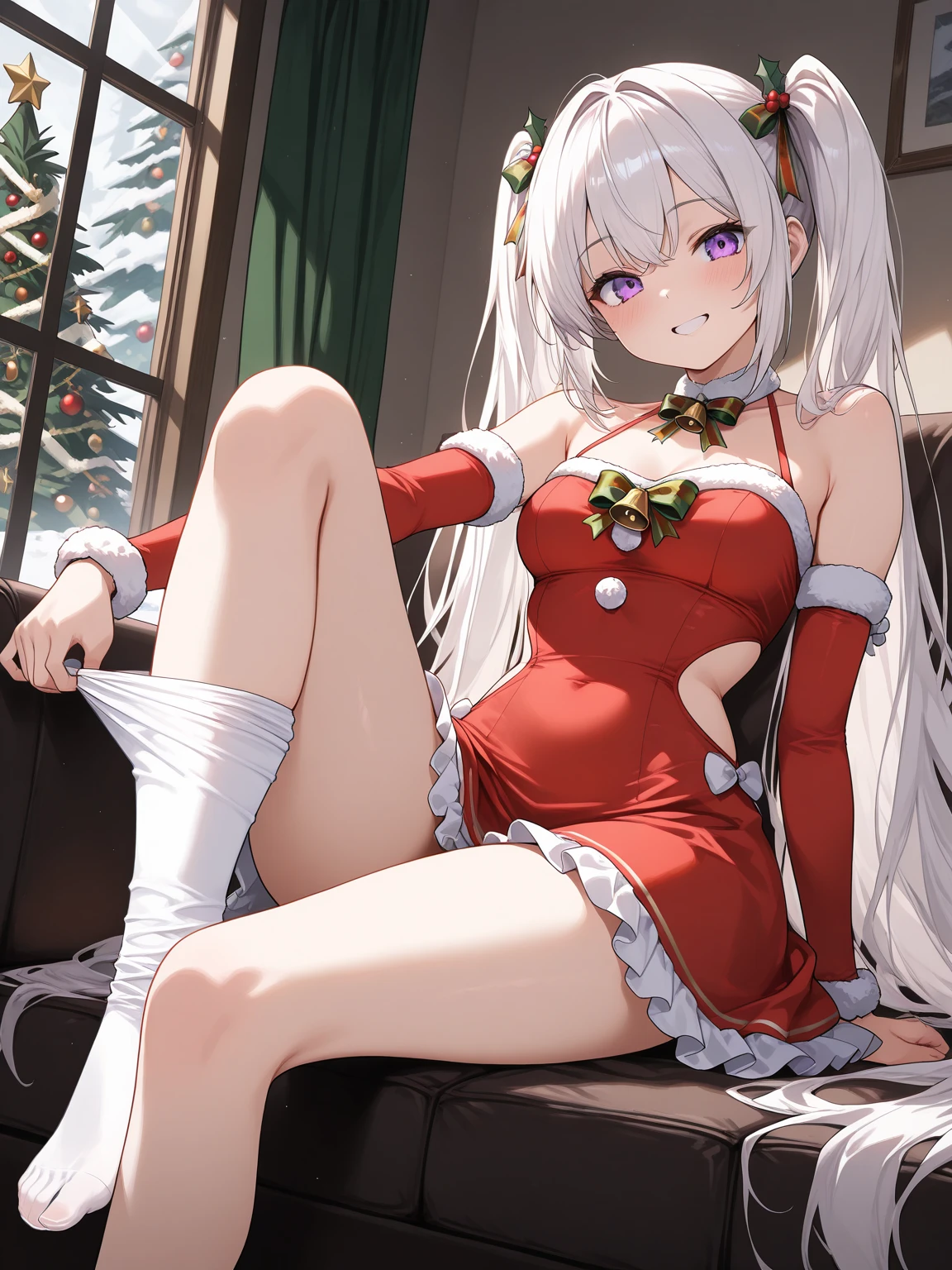 (christmas), (chistmas room), ( christmas decor) araffe with pink hair and bunny ears sitting on a bed, angelawhite, belle delphine, anime barbie in white stockings, ultrarealistic sweet bunny girl, very very kawaii, japanese goddess, the bunny has pink fur, smooth pink skin, with bunny ears, ahegao, sitting on her bed, lit from behind, perfect white haired girl, amouranth