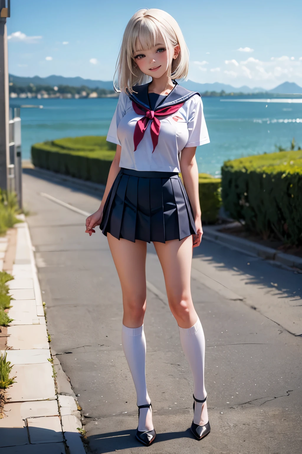 ((Girl looks at me)), Japanese high school girl sitting, sailor suit, red ribbon, navy pleated skirt, tanned, silver hair, mesh hair, loose socks, looking sideways, looking up, surprised expression, masterpiece, detailed eyes, Foundation, eye shadow, red lipstick, brightening the cheeks, rural landscape, blurred background, from below, (white panties), from the front