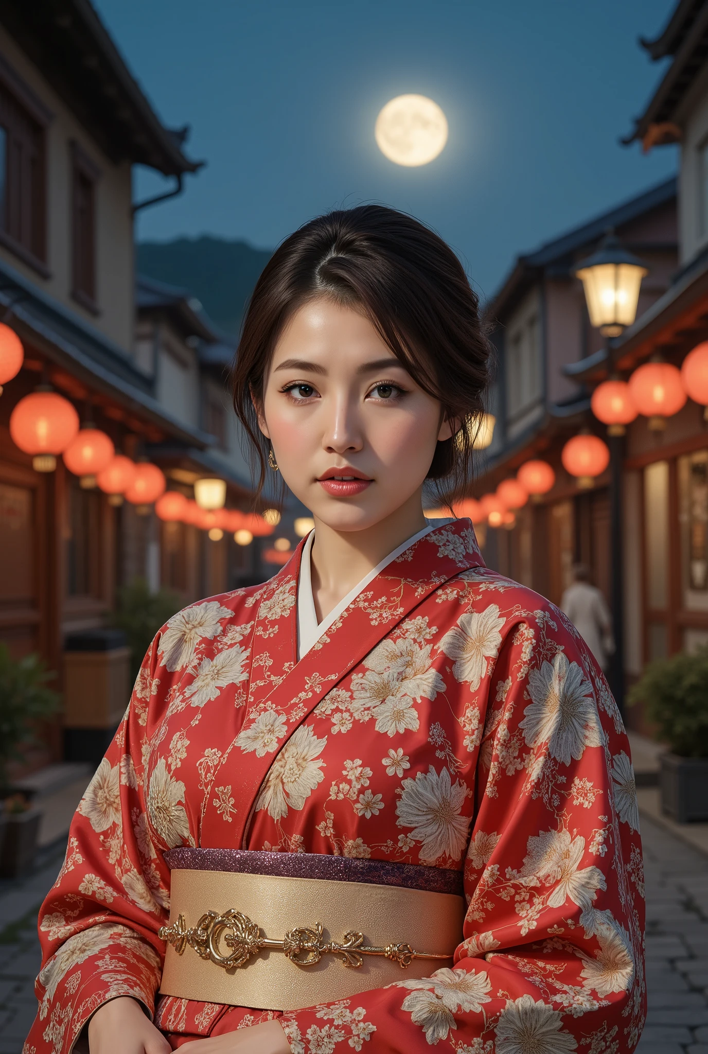 (((full body))), (((full body shot))), best quality, masterpiece, super high resolution, beautiful Japanese girl, Kind Face, green eyes, kind smile, Curvy Body, big boobs, updo brown hair, Japanese female Cloth Outfit, Japanese kimono, (((off shoulders:1.5))), (((bare shoulders:1.5))), In Old Japanese-style street, night:1.2, full moon,