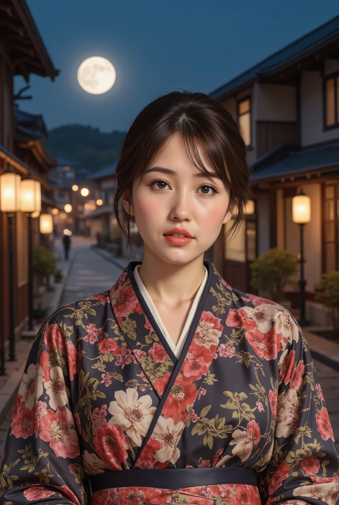 (((full body))), (((full body shot))), best quality, masterpiece, super high resolution, beautiful Japanese girl, Kind Face, green eyes, kind smile, Curvy Body, big boobs, updo brown hair, Japanese female Cloth Outfit, Japanese kimono, (((off shoulders:1.5))), (((bare shoulders:1.5))), In Old Japanese-style street, night:1.2, full moon,