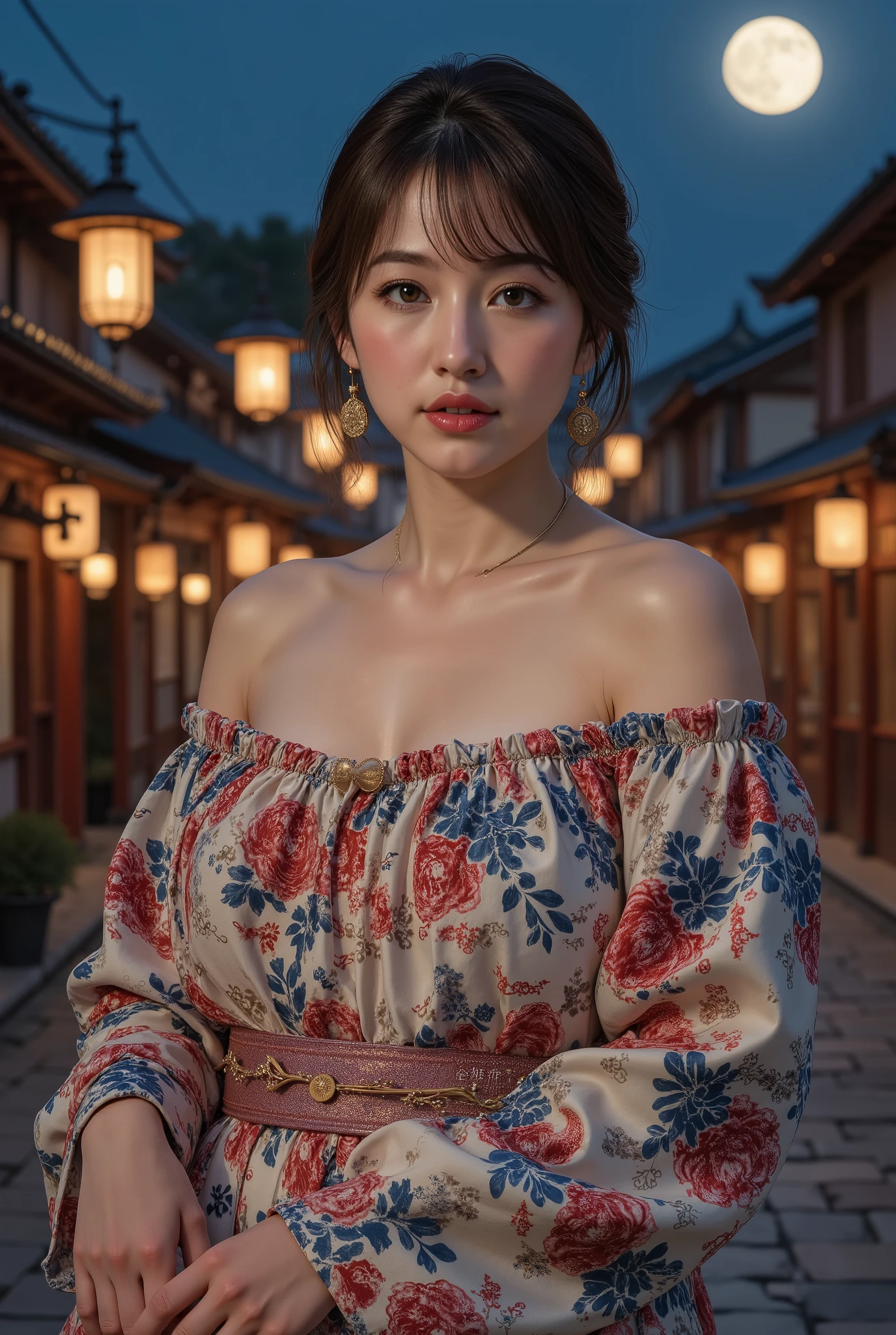 (((full body))), (((full body shot))), best quality, masterpiece, super high resolution, beautiful Japanese girl, Kind Face, green eyes, kind smile, Curvy Body, big boobs, updo brown hair, Japanese female Cloth Outfit, Japanese kimono, (((off shoulders:1.5))), (((bare shoulders:1.5))), In Old Japanese-style street, night:1.2, full moon,