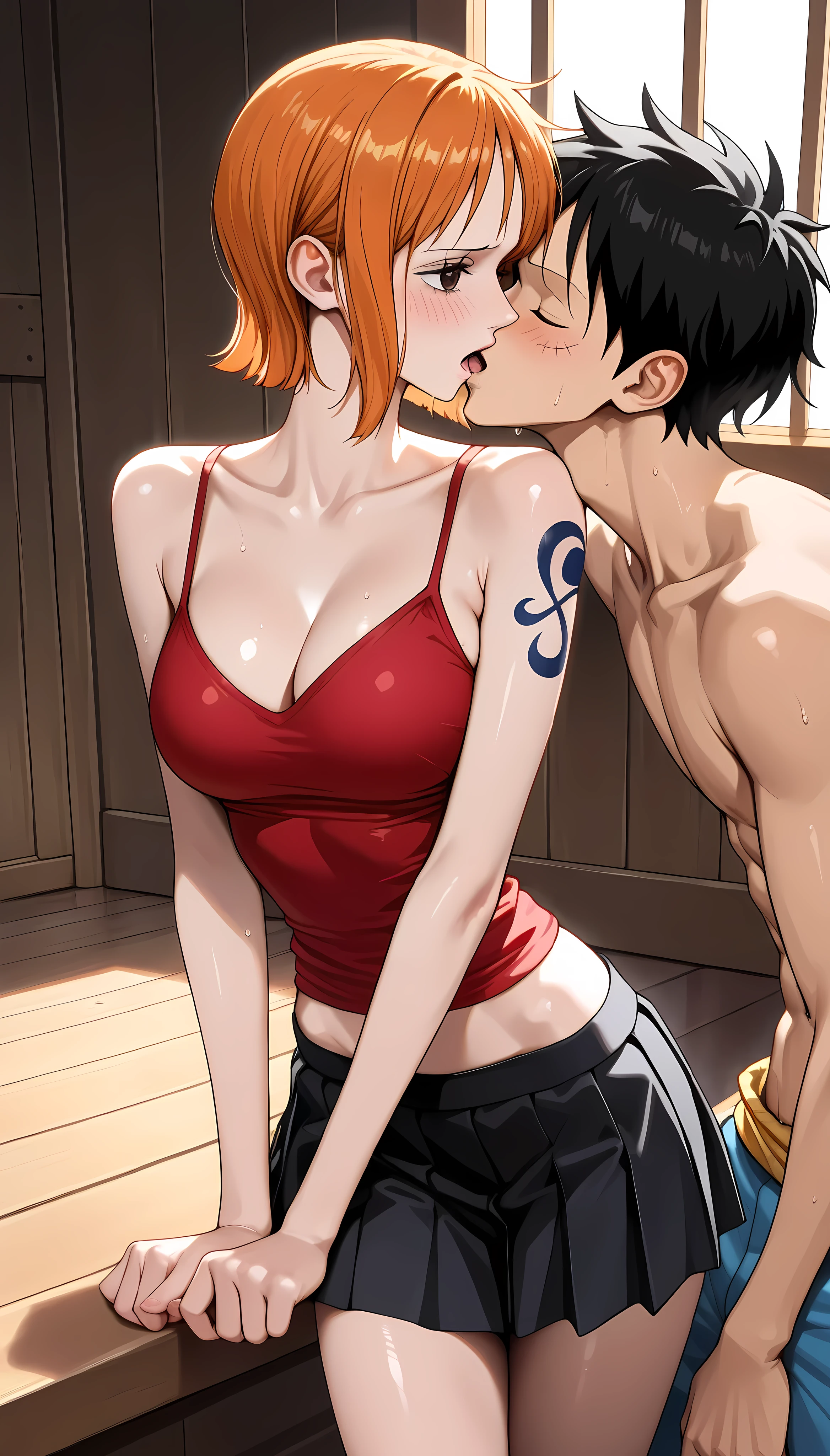 (masterpiece,best quality:1.2,amazing quality,very aesthetic,absurdres,newest,realistic), (Luffy,us,one piece),1man and 1woman,kissing,(very small head:1.2),(ideal ratio body proportions:1.2,slender body:1.2,skinny:1.2),medium breasts,tattoo on left shoulder,short hair,orange hair,shy,open mouth,sweat,shiny skin, red camisole,black miniskirt,pleated skirt,On board,Wooden sailing ship、Sailing 、maritime、daytime,