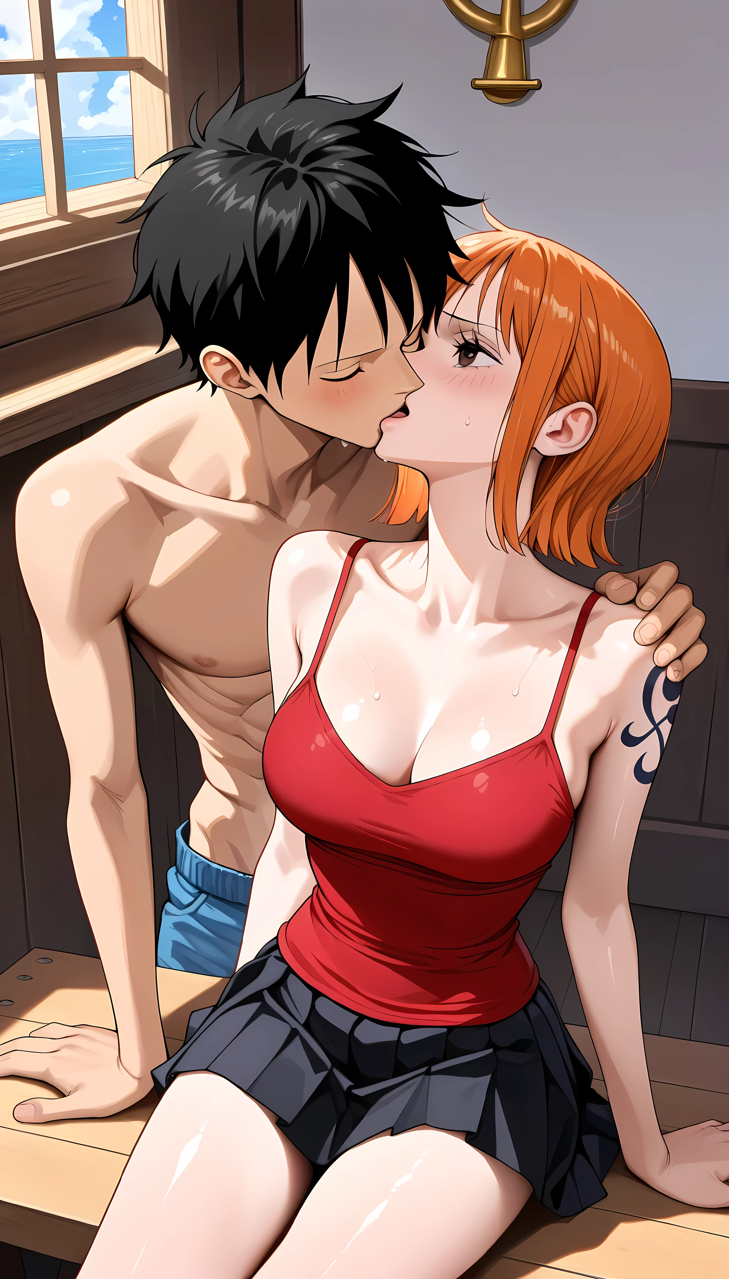 (masterpiece,best quality:1.2,amazing quality,very aesthetic,absurdres,newest,realistic), (Luffy,us,one piece),1man and 1woman,kissing,(very small head:1.2),(ideal ratio body proportions:1.2,slender body:1.2,skinny:1.2),medium breasts,tattoo on left shoulder,short hair,orange hair,shy,open mouth,sweat,shiny skin, red camisole,black miniskirt,pleated skirt,On board,Wooden sailing ship、Sailing 、maritime、daytime,
