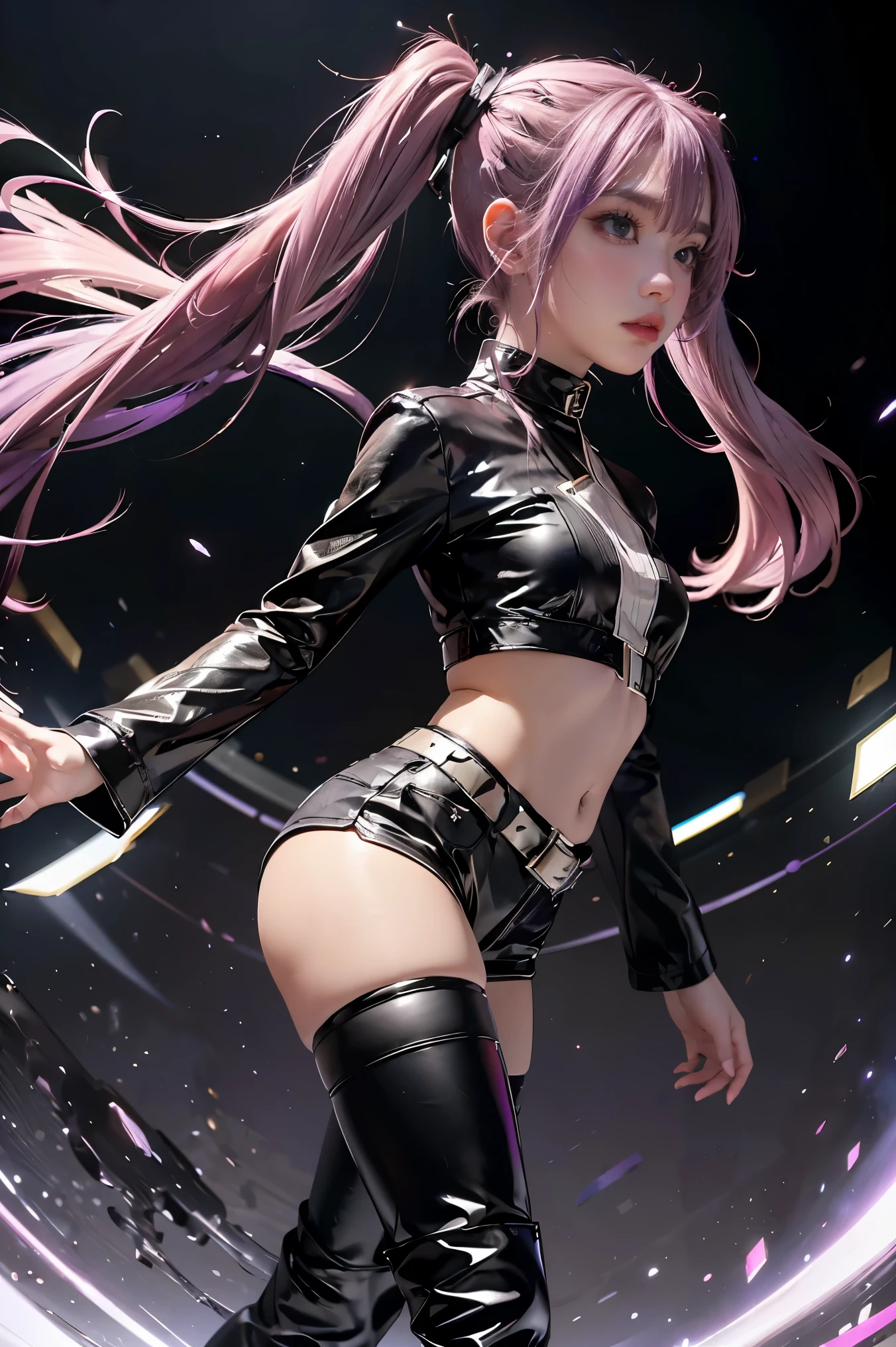 ,Best Quality, Ultra High Resolution, Cute, (KPOP Idol), (Long Twintail), (Light Purple Hair:1), ((Big Eyes)), Looking at you, BREAK ((upper body:1.3)), Front View,A character with long, flowing silver hair and a slender build, wearing a black and white outfit that includes thigh-high boots and gloves. The character is in a dynamic pose surrounded by ethereal purple crystals and energy, The character is in a dynamic pose surrounded by ethereal purple crystals and energy,A character with long, flowing purple hair, wearing a metallic top and black shorts with thigh-high boots. The outfit includes straps and belts, giving it a futuristic or fantasy style. The character is in a dynamic pose with radiant light or energy surrounding them, set against a minimalistic abstract background,
