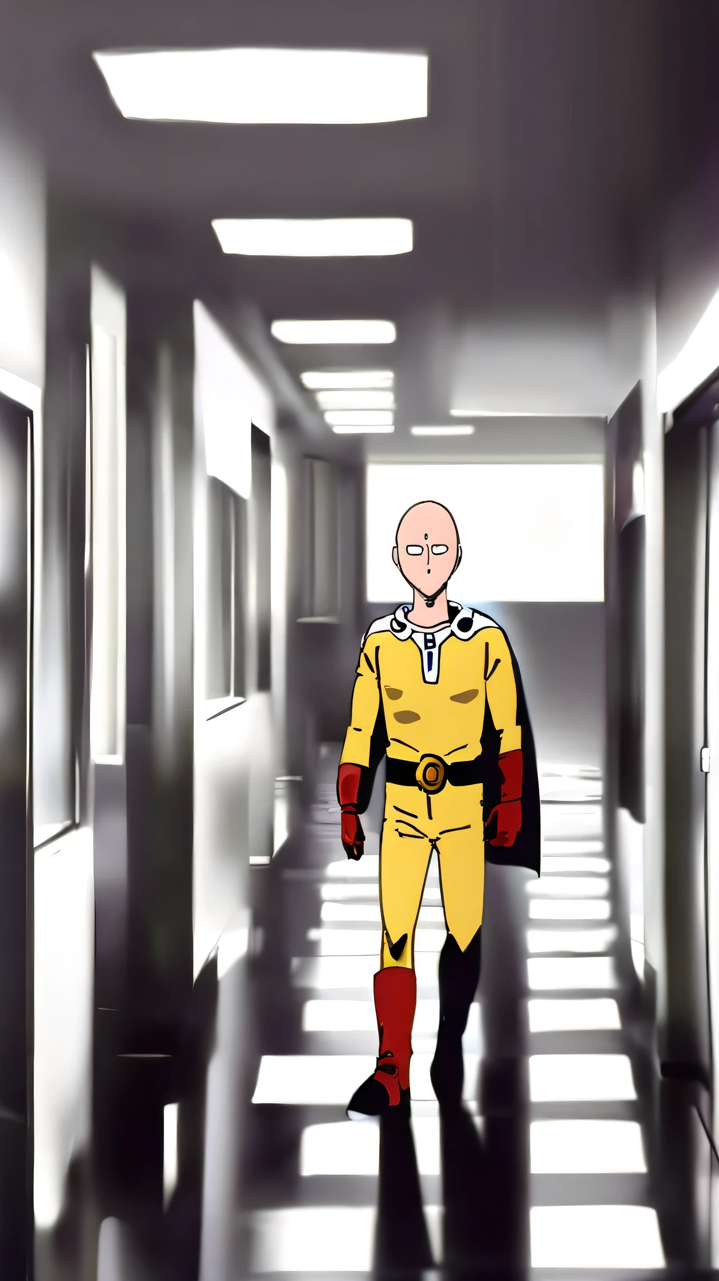 Saitama ( one punch man)entering a hospital and waiting for their turn.