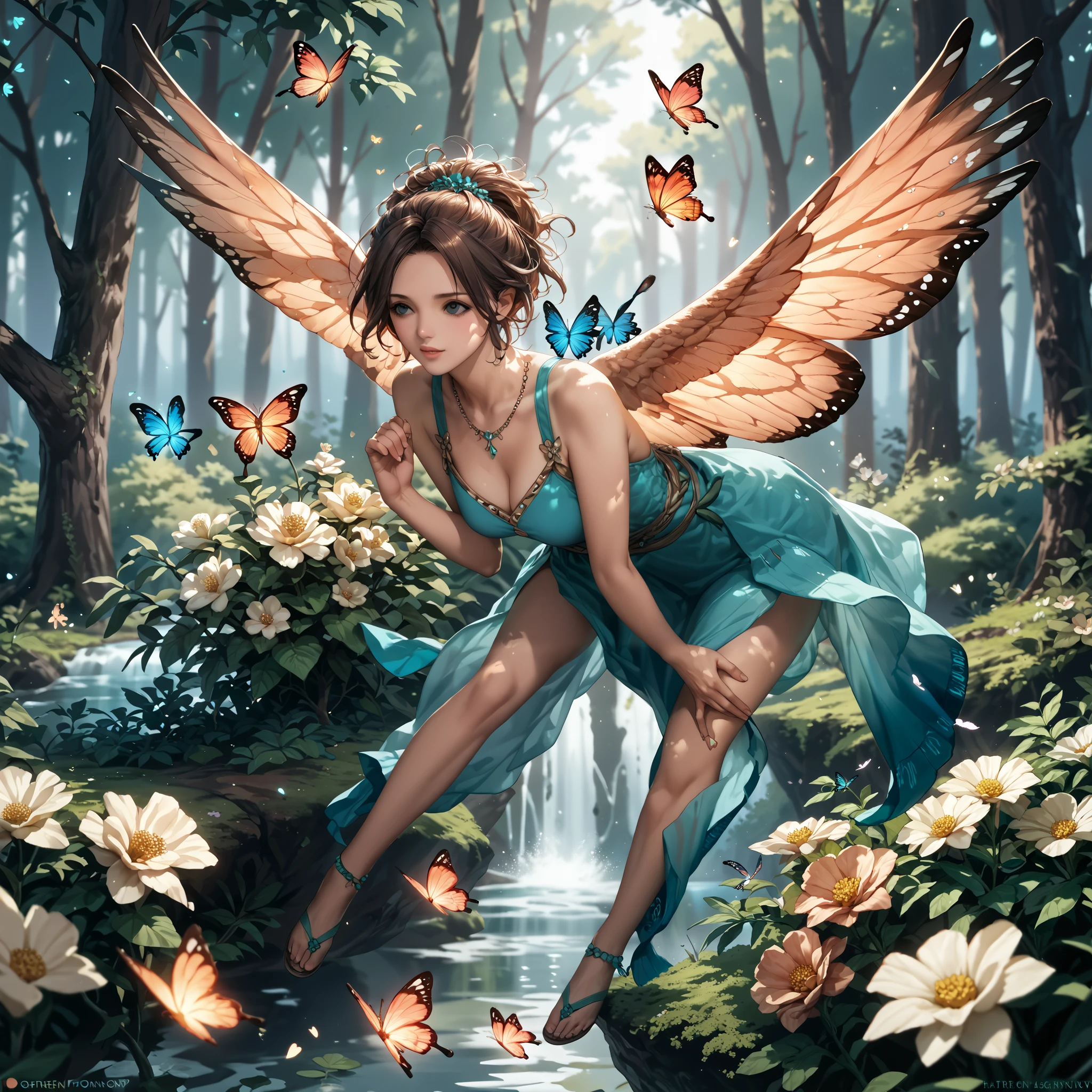 Beautiful hyper-realistic and super-detailed masterpiece that shows a mysterious river in the amazon forest, with the morning sunshine, Flying butterflies on the flowers, hummingbird in a exotic flower