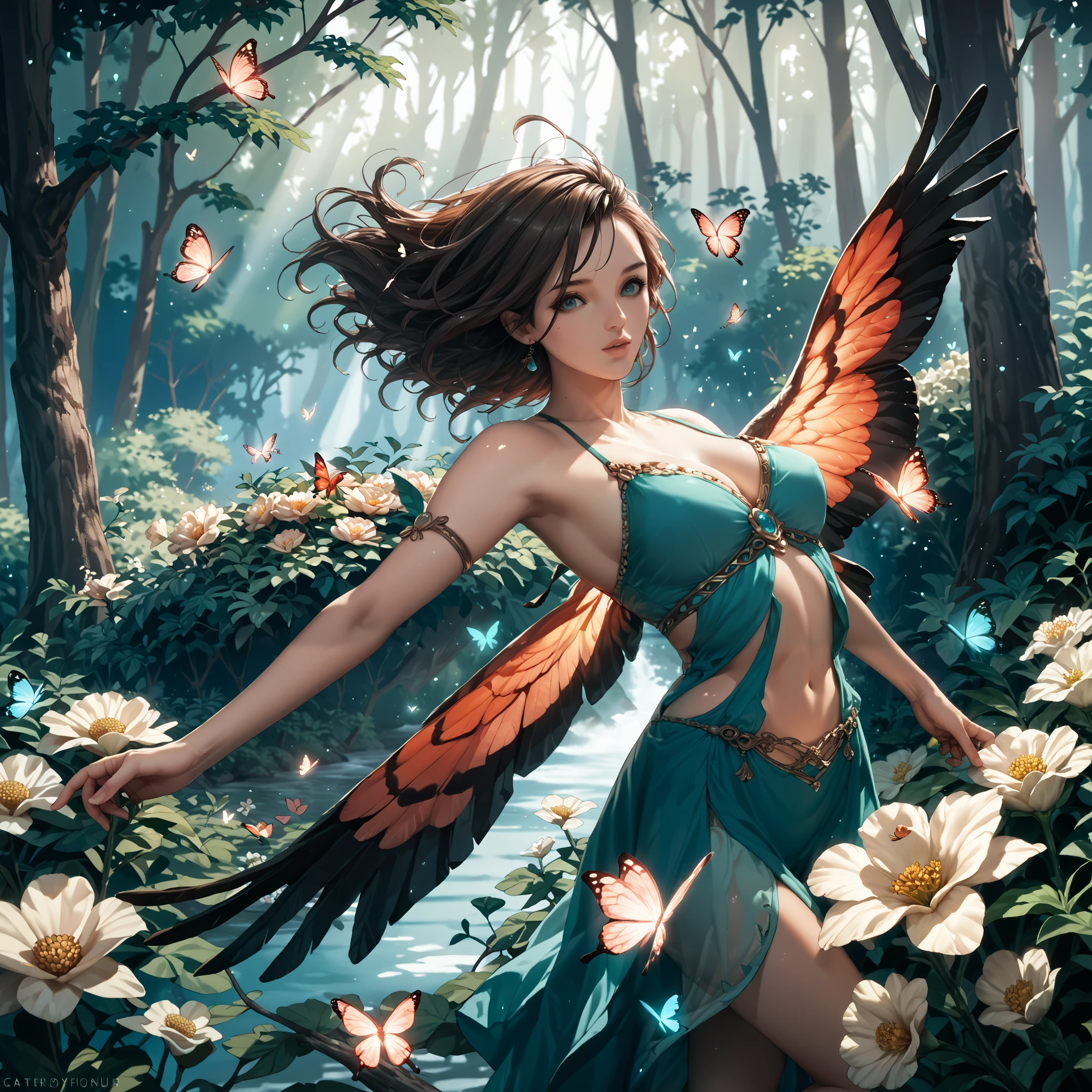 Beautiful hyper-realistic and super-detailed masterpiece that shows a mysterious river in the amazon forest, with the morning sunshine, Flying butterflies on the flowers, hummingbird in a exotic flower