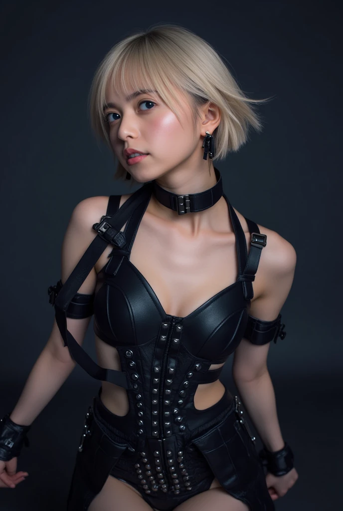 Stylish girl from the Arcane series, with short hair and white fringe, blue eyes, thick white eyebrows, splattered nose, Gothic clothing, and that he is posing with Jinx